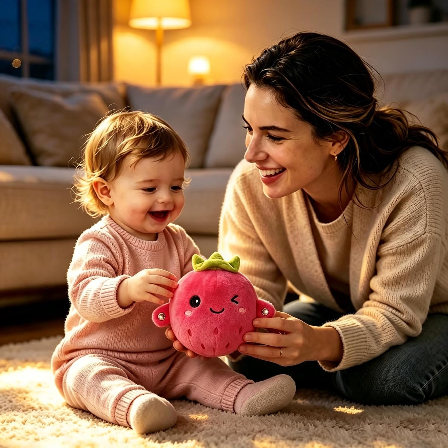 Baby Strawberry Plush Sensory Musical Toy, Touch Activated Interactive Fruit Stuffed Animal, Dual Mode Educational Soothing Plush Doll for Newborn Toddler Gifts