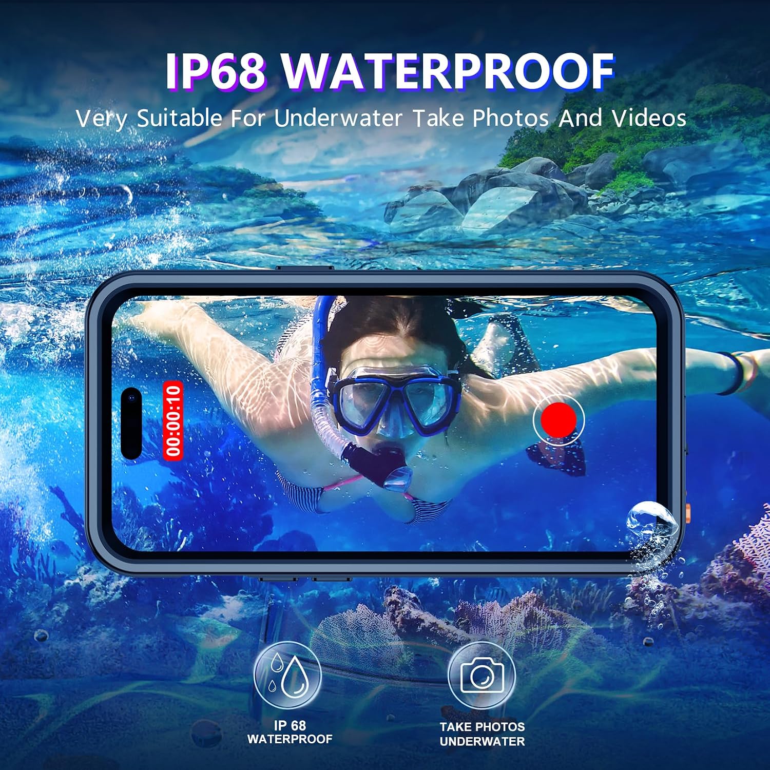 Compatible with iPhone 14 Pro Max Case Waterproof, Built-in Screen & Camera Protector IP68 Underwater Full Body 14FT Military Dropproof Shockproof Phone Case 6.7"-Black/Clear