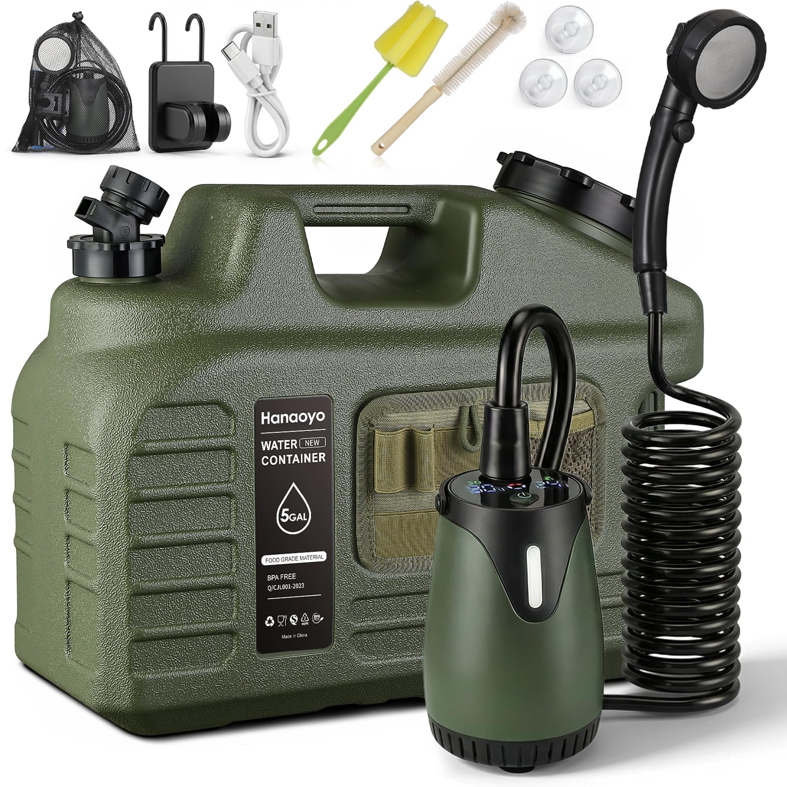 Kit de douche portable de camping avec carafe d'eau de 18 litres, pompe de douche rechargeable IPX8, étanche IPX8, 5 modes de pression, réservoir d'eau sans BPA pour le camping, la randonnée, la plage