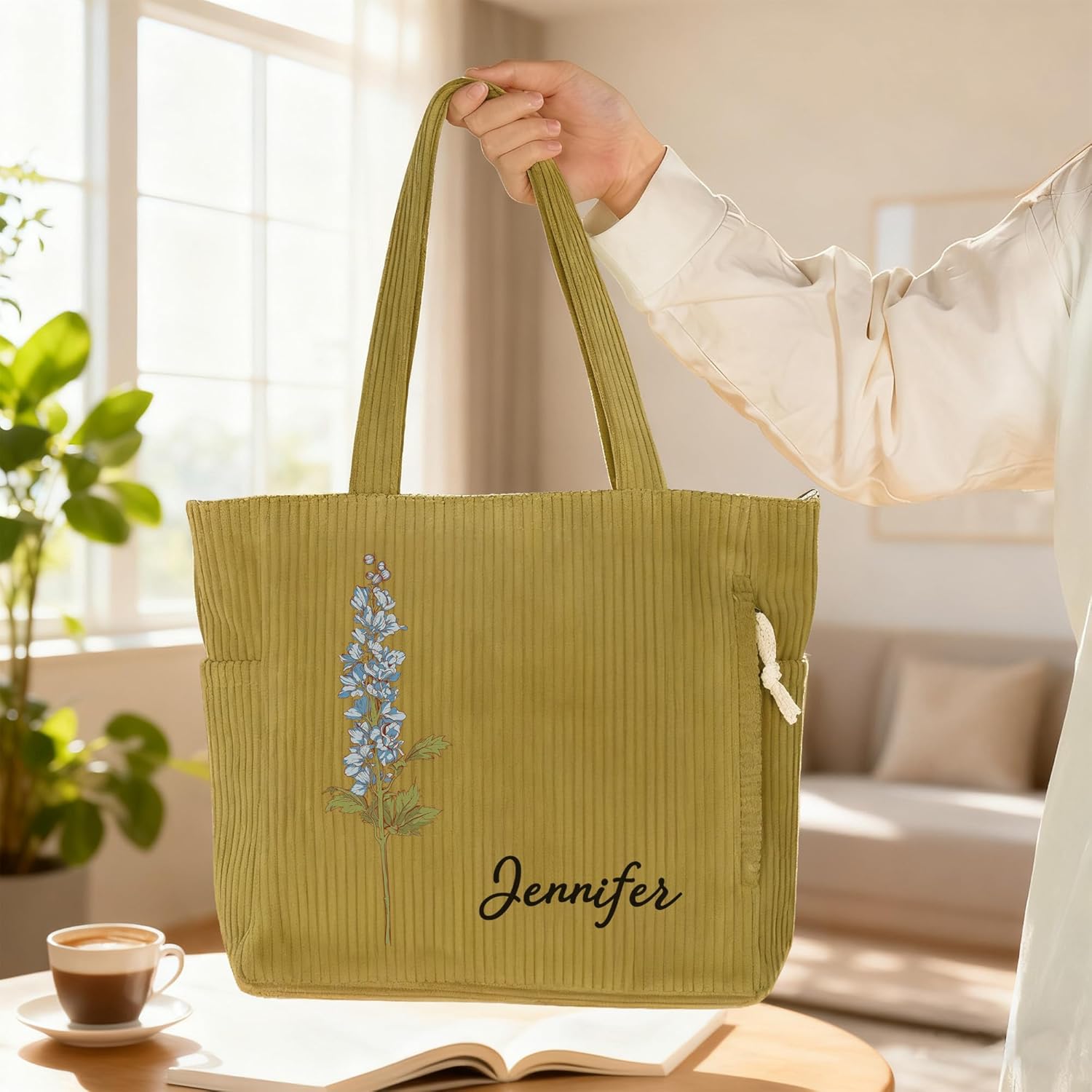 BYFDIY Custom Cute Corduroy Tote Bag With Zipper Side Inner Pocket Large Personalized Name Birth Flower Tote Bag for Work Everyday Travel Church Birthday Gifts for Women Mother Size 15.7*3.9*12.9INCH - Image 7