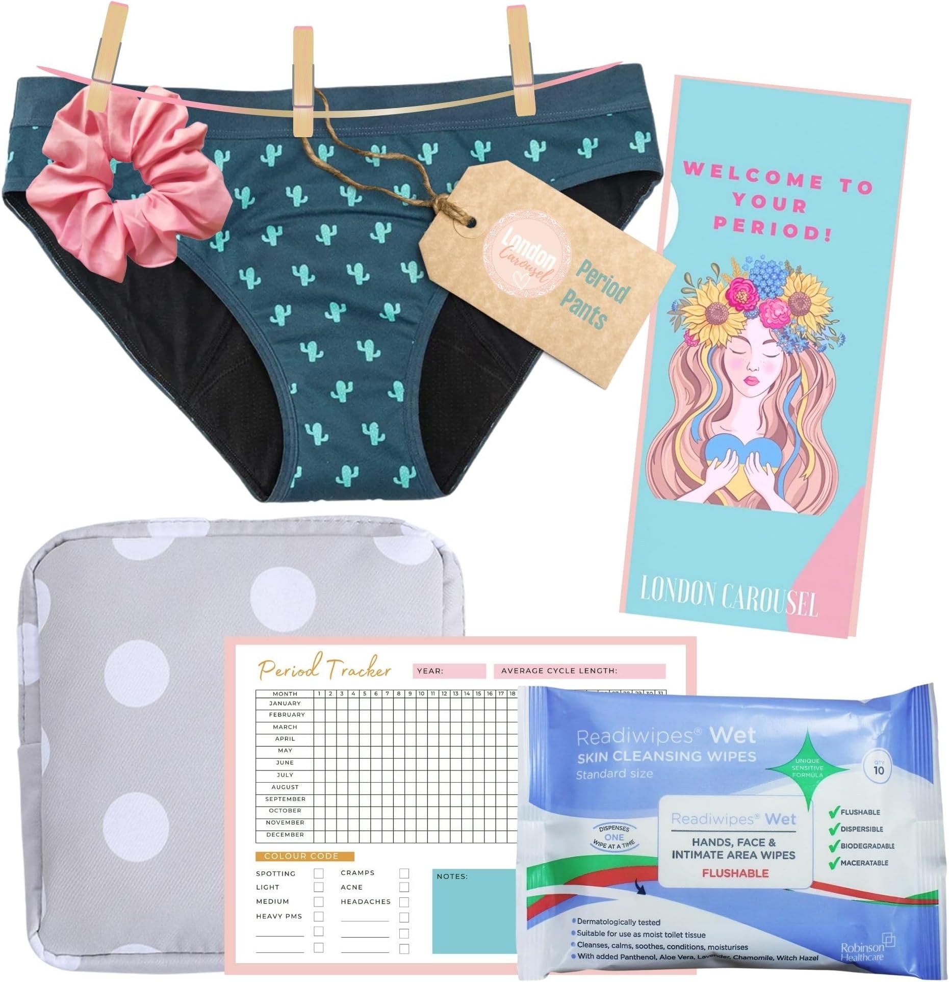Period Pants for Teenage Girls Bundle with Sanitary Pad Storage Bag, Feminine Wipes, Hair Scrunchie, First Period Booklet and Period Tracker Age 12-14
