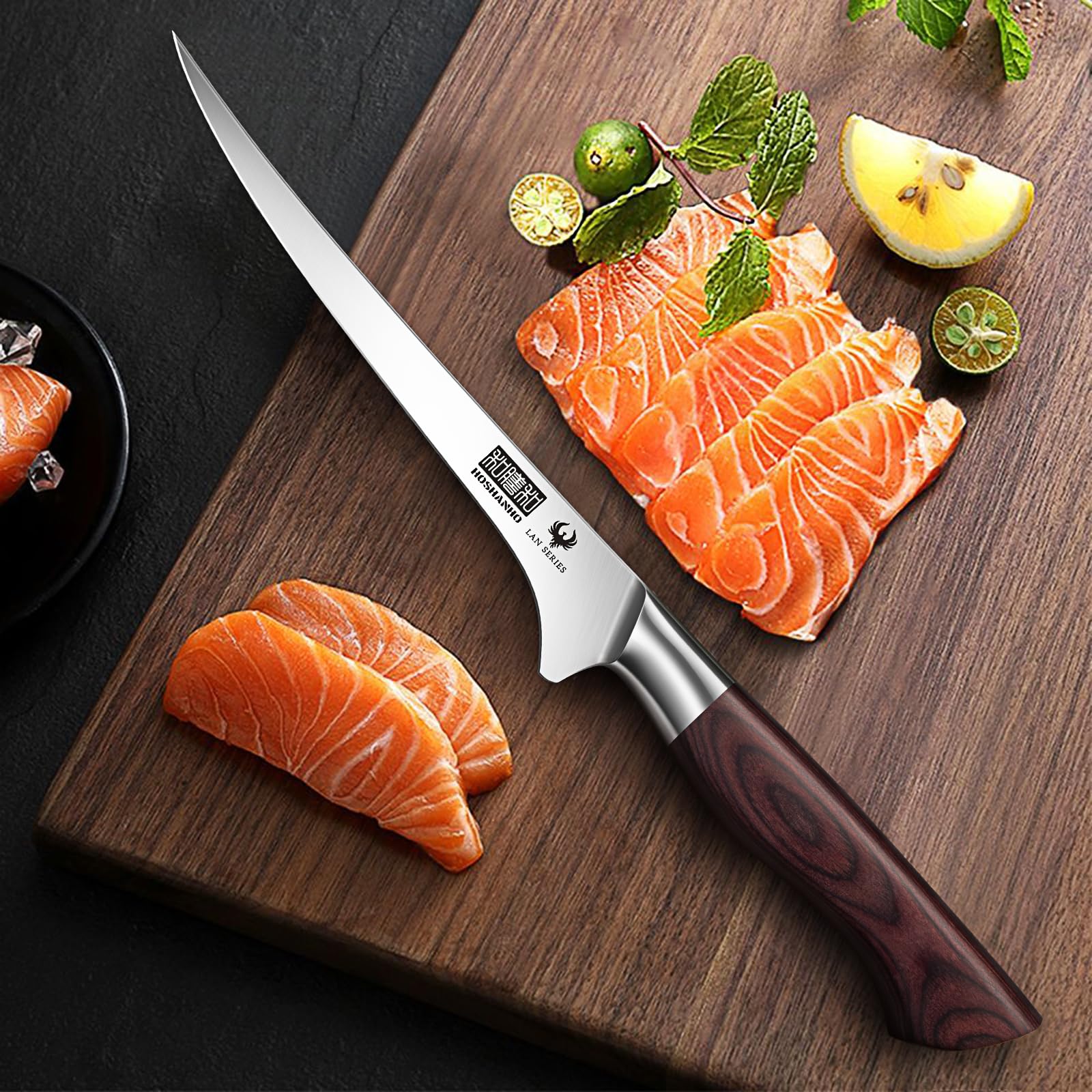 HOSHANHO Cuchillo de Filete 18 cm, Súper Afilado Japones Cuchillo para Pescado deAcero Inoxidable de Alto Carbono, Profesional Cuchillo de Filetear con Mango de Madera