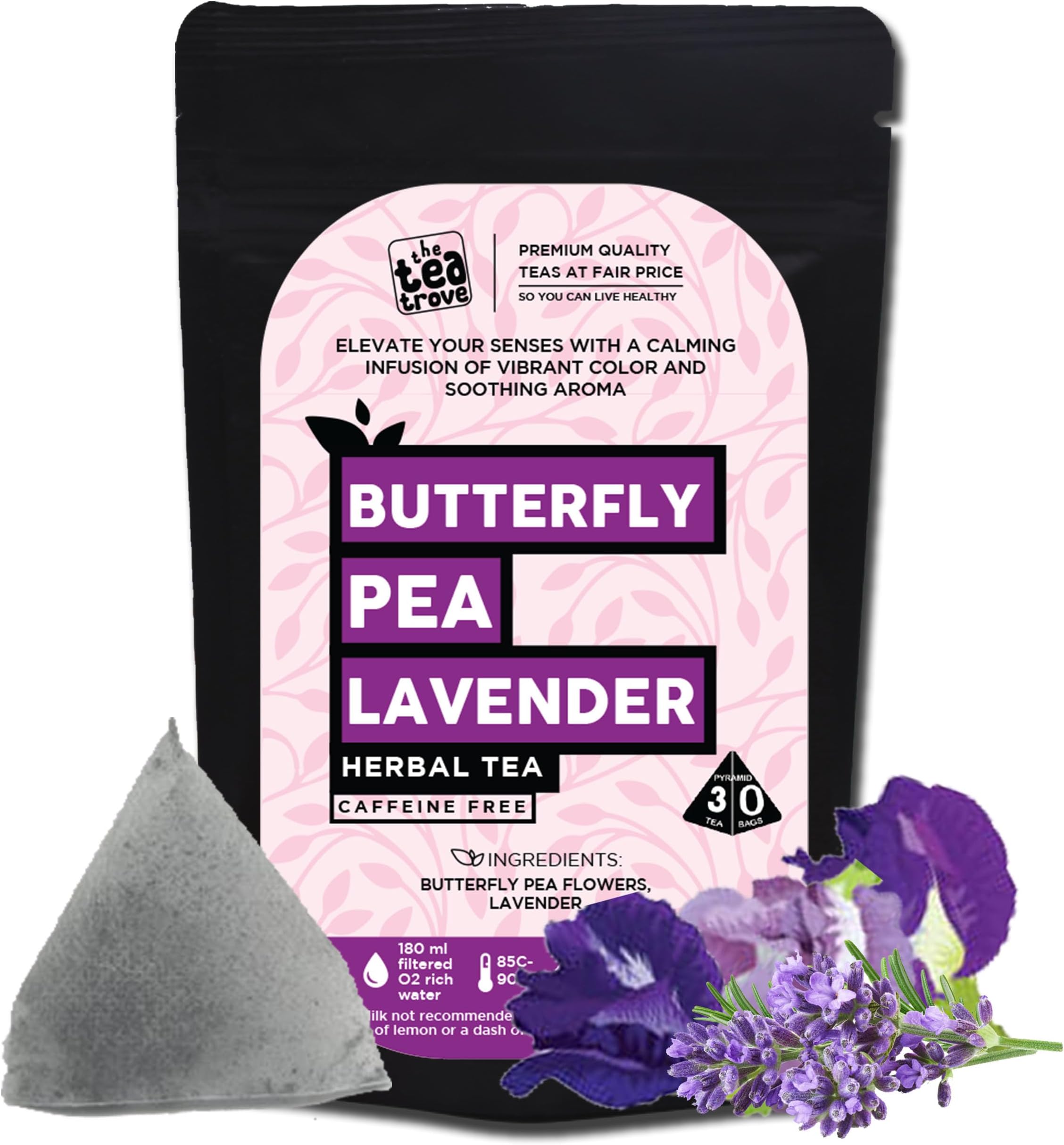 the tea trove Blue Butterfly Pea Flower Lavender Tea Bags - 30 Eco-Friendly Lavender Tea in Resealable Pouch - Caffeine Free Blue Pea Flower For Iced Teas & Cocktails|Pack Of 1,18 Gram