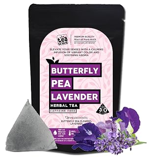 the tea trove Blue Butterfly Pea Flower Lavender Tea Bags - 30 Eco-Friendly Lavender Tea in Resealable Pouch - Caffeine Free Blue Pea Flower For Iced Teas & Cocktails|Pack Of 1,18 Gram