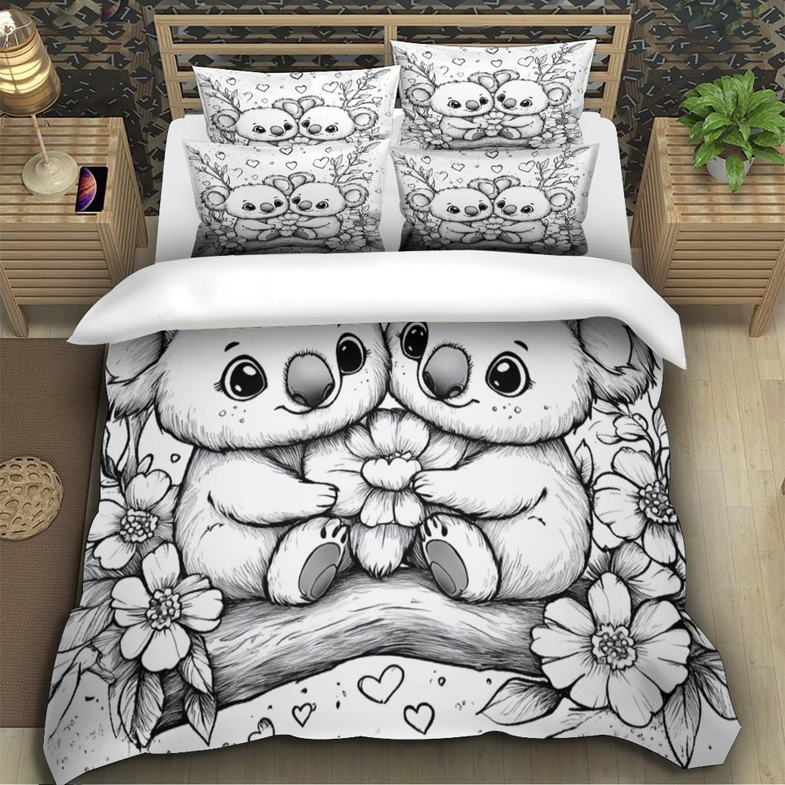 Süßes Koala-Pärchen 3D-Bedruckt 3er-Set Steppbezug Cartoon-Tierillustration Bettbezug Mikrofaser Hypoallergen Atmungsaktiv für Kinder Jugendliche Erwachsene Super King（260x220cm）