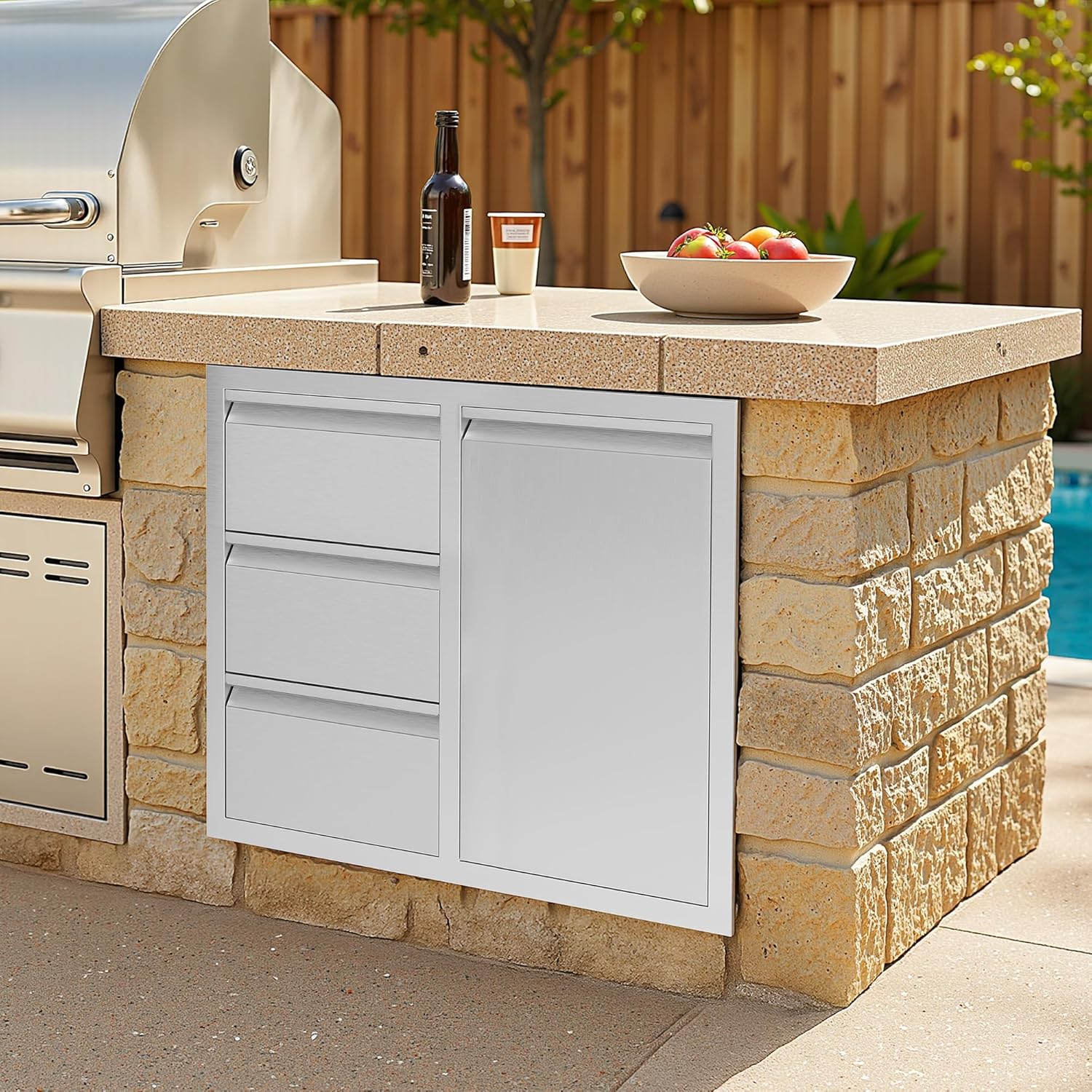 Jocisland 28" W×20" D×23" H Stainless Steel Outdoor Kitchen Drawers, Single Trash Drawer with Door & 3-Drawer Cabinet, Built-in BBQ Island Storage for Outdoor Kitchens