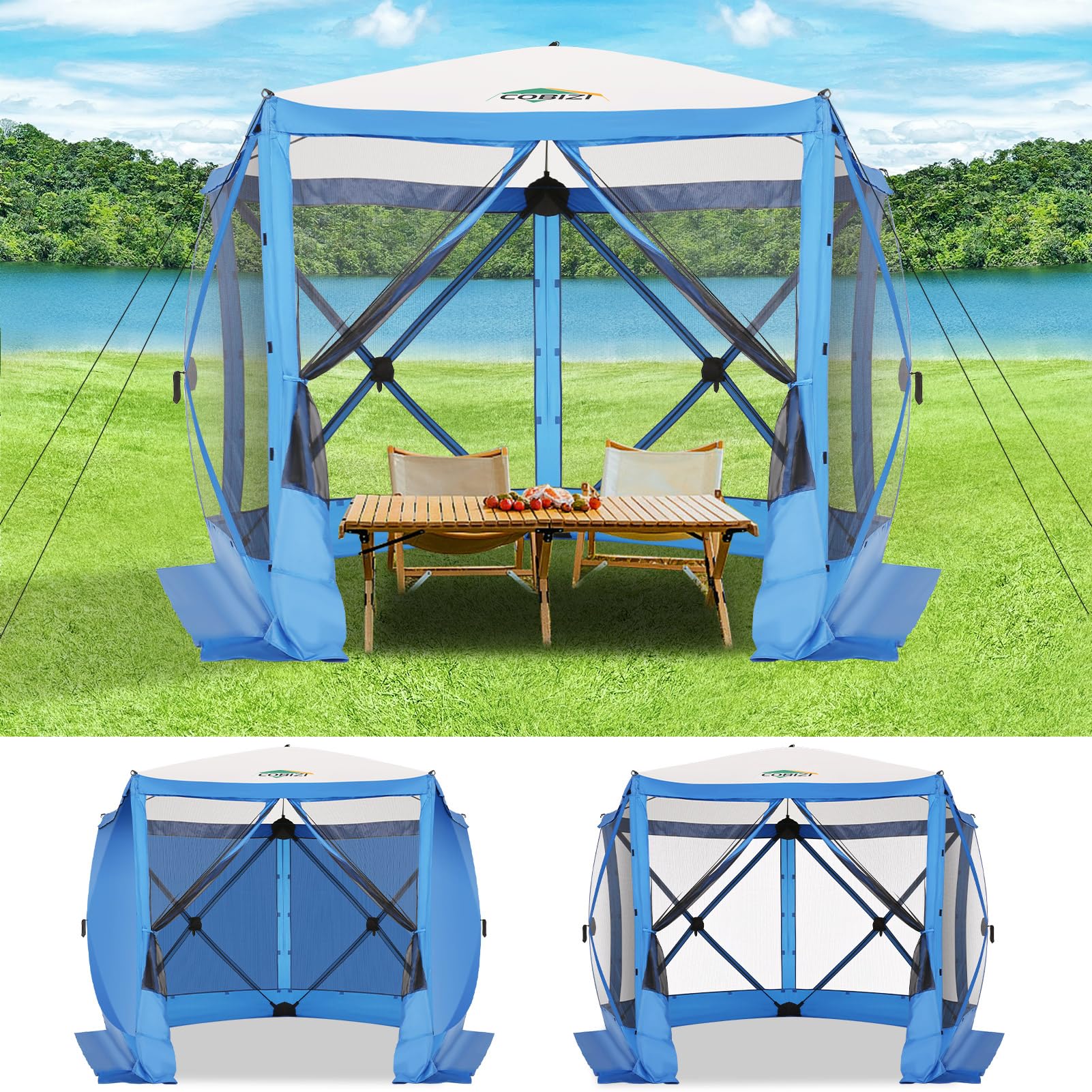 COBIZI 10x10 FT Pop up Gazebo, Popup Canopy tent, Screened In Gazebos with sidewalls, Waterproof Portable Outdoor Small Screen tents Sun Shelter,carpas para patio for Camping, Garden and Backyard,Blue