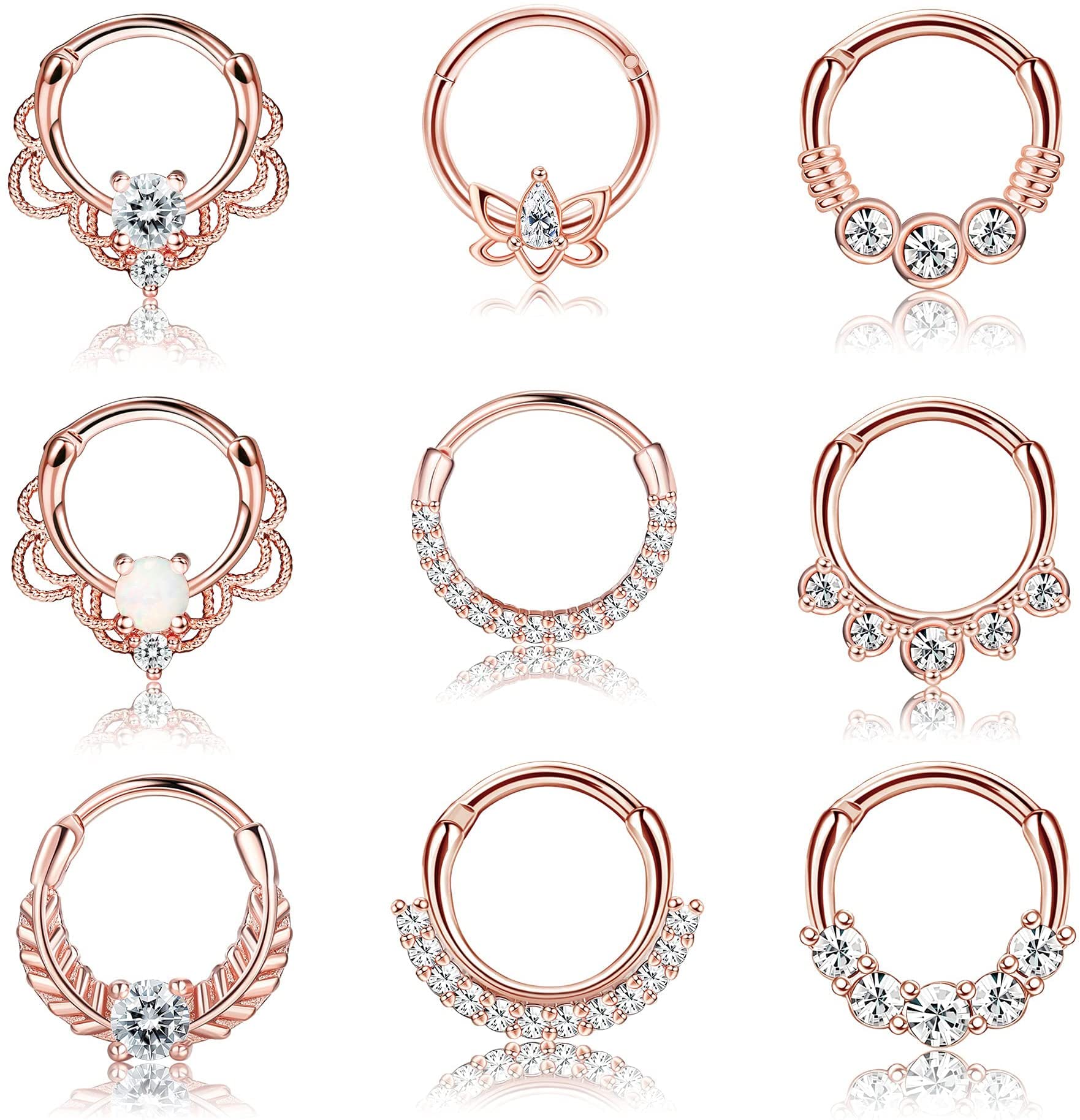 CASSIECA 8/9 PCS 16G Piercing Nariz Aro para Mujeres Hombres Daith Pendientes Piercing Nariz Acero Quirurgico Nostril Piercing Nariz Septum Helix Tragus Piercing Joyas Plata Oro Oro rosa Negro