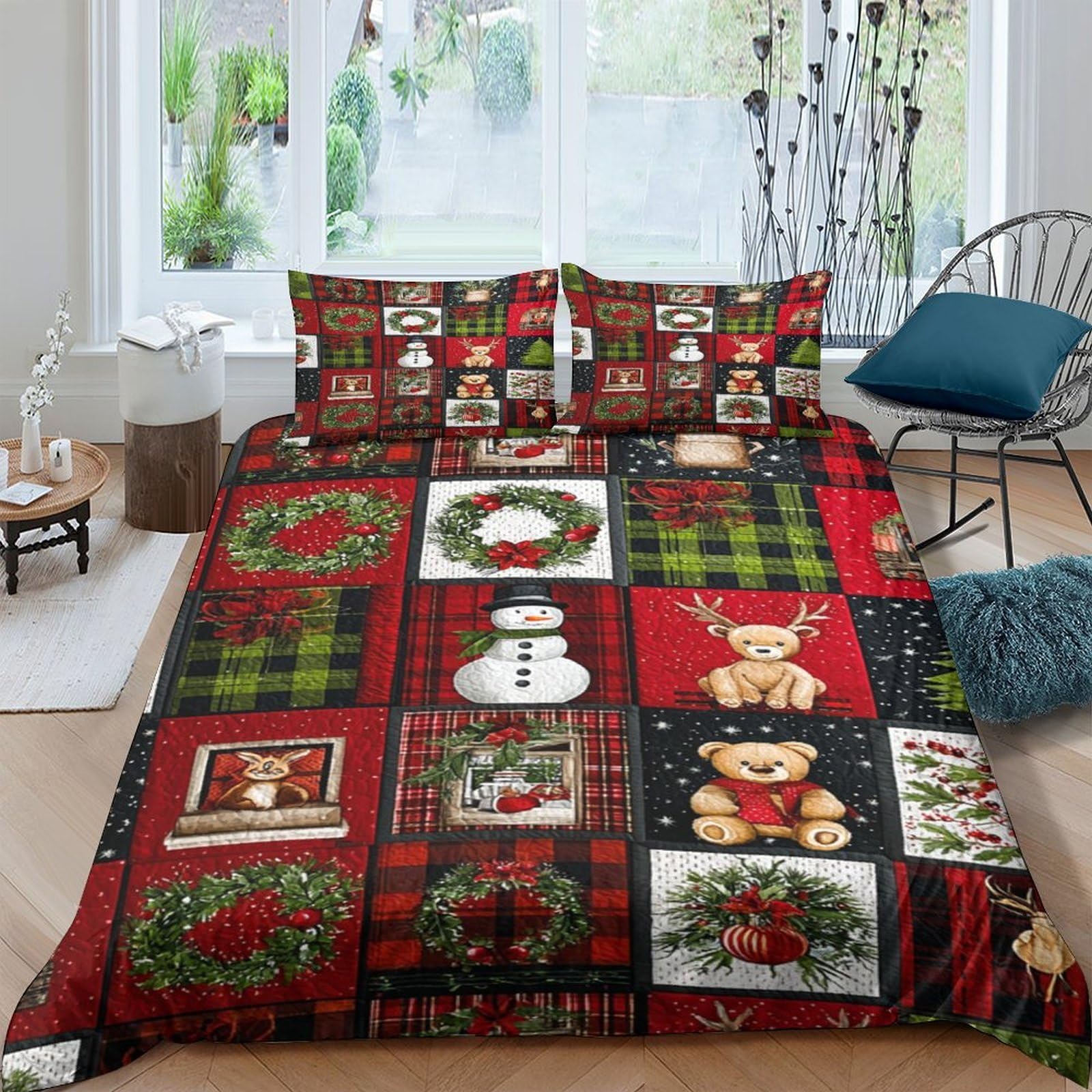 Ctjqhvkz Style-7 3D Printed Christmas Patchwork Fitted Sheet Microfiber Festive Plaid Bed Cover For Bedroom Guest Room Decor Single（135X200cm）