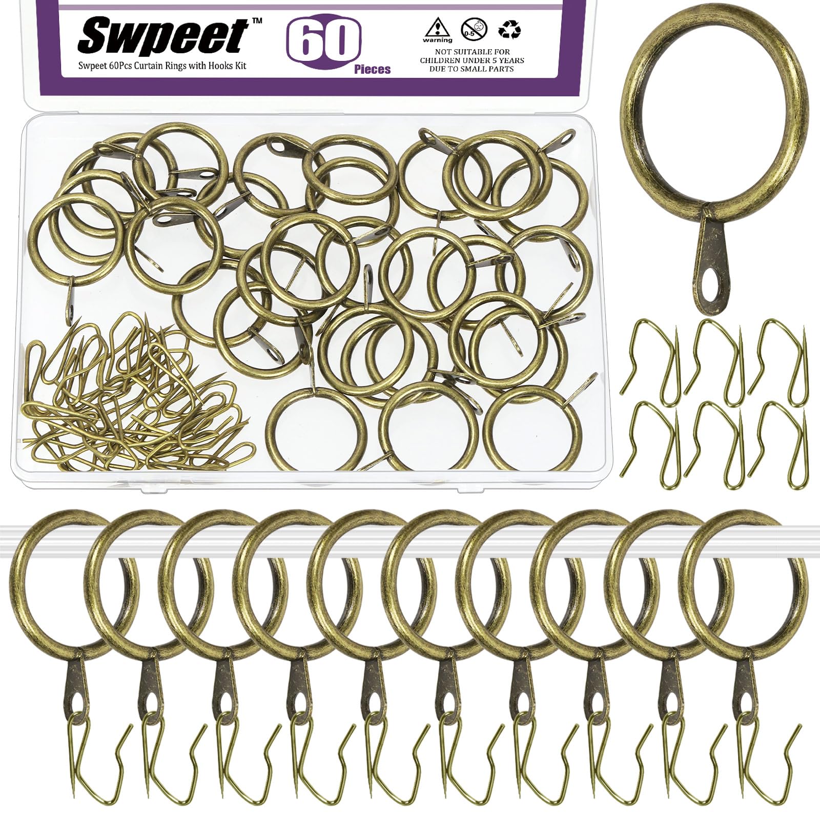 Swpeet 60Pcs 25mm/1" Inner Diameter Bronze Metal Curtain Ring with Pin-on Drapery Hooks Assortment Kit, Drape Sliding Eyelet Ring Metal Curtain Hooks, for Window Door Shower Curtains