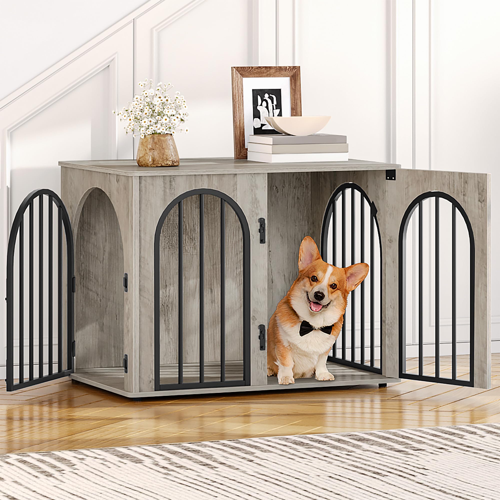 Hzuaneri Hundekäfig Möbel, 80cm Hundebox für Zuhause, 3 Türen, Bogentür, Moderne Hundebox Indoor für Hunde, Beistelltisch, Hundekäfig Hochbelastbar, 80 x 56 x 61 cm, Hell Elfenbein DFC85105B