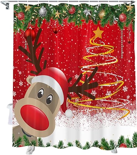 Miniatura 3 de Juego de cortina de ducha de Navidad con patrón de reno, divertida cortina de baño con copo de nieve blanco, árbol de Navidad dorado, decoración de