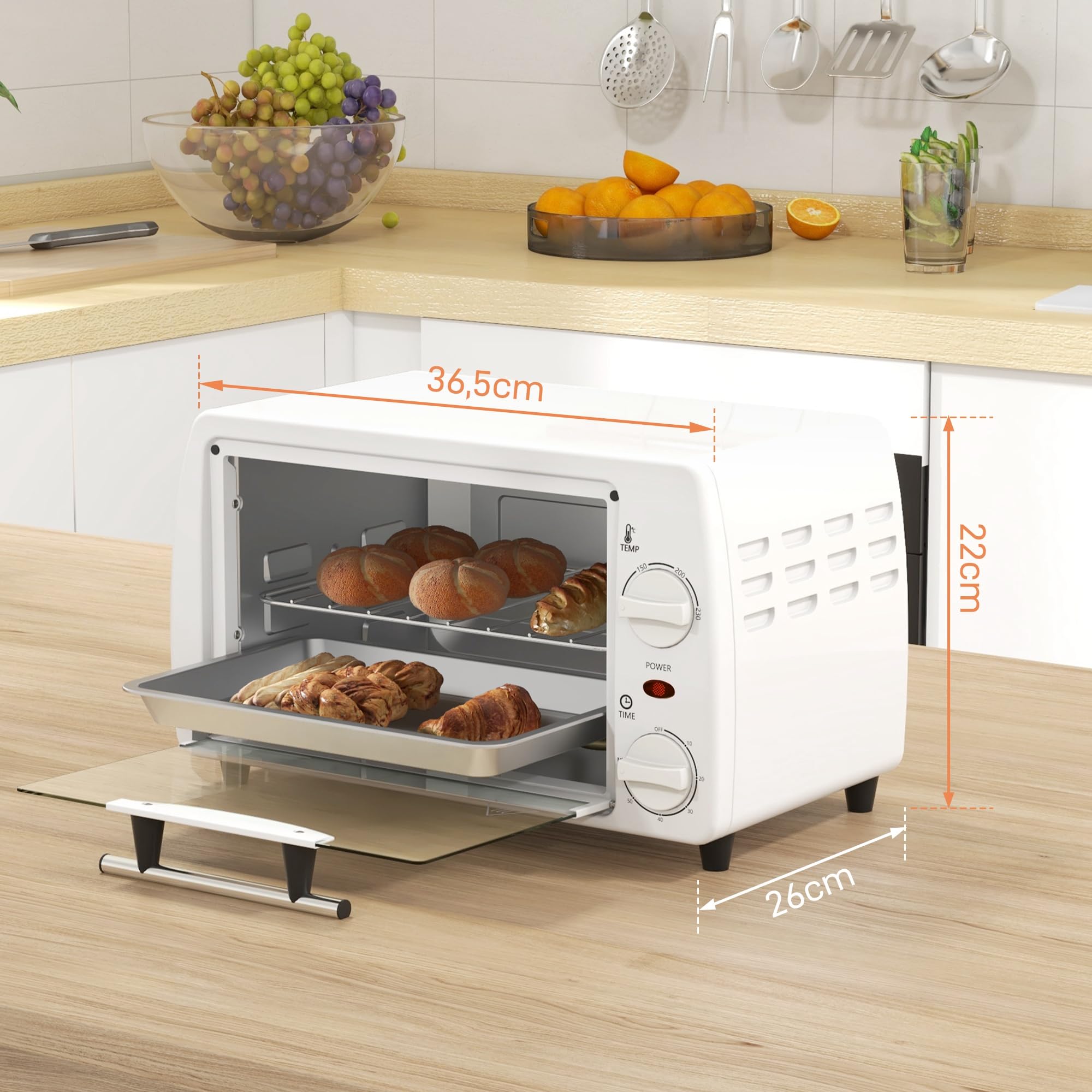 HOMCOM Forno elettrico da tavolo 10 litri 750W Piccolo forno elettrico con temperatura fino a 230 ℃ Timer 60 minuti Vassoio e cestello 36,5x26x22 cm Bianco