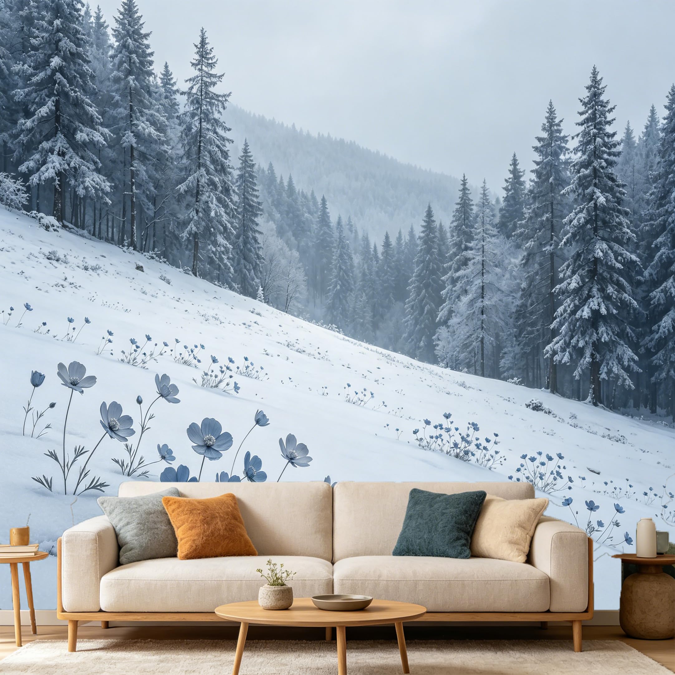 Custom Size Wall Mural Snowy Winter Forest Mountain Landscape Blue Flowers SelfAdhesive Art Prints wall Fabric (No PVC) Removable Wallpaper Home Bedroom Decor