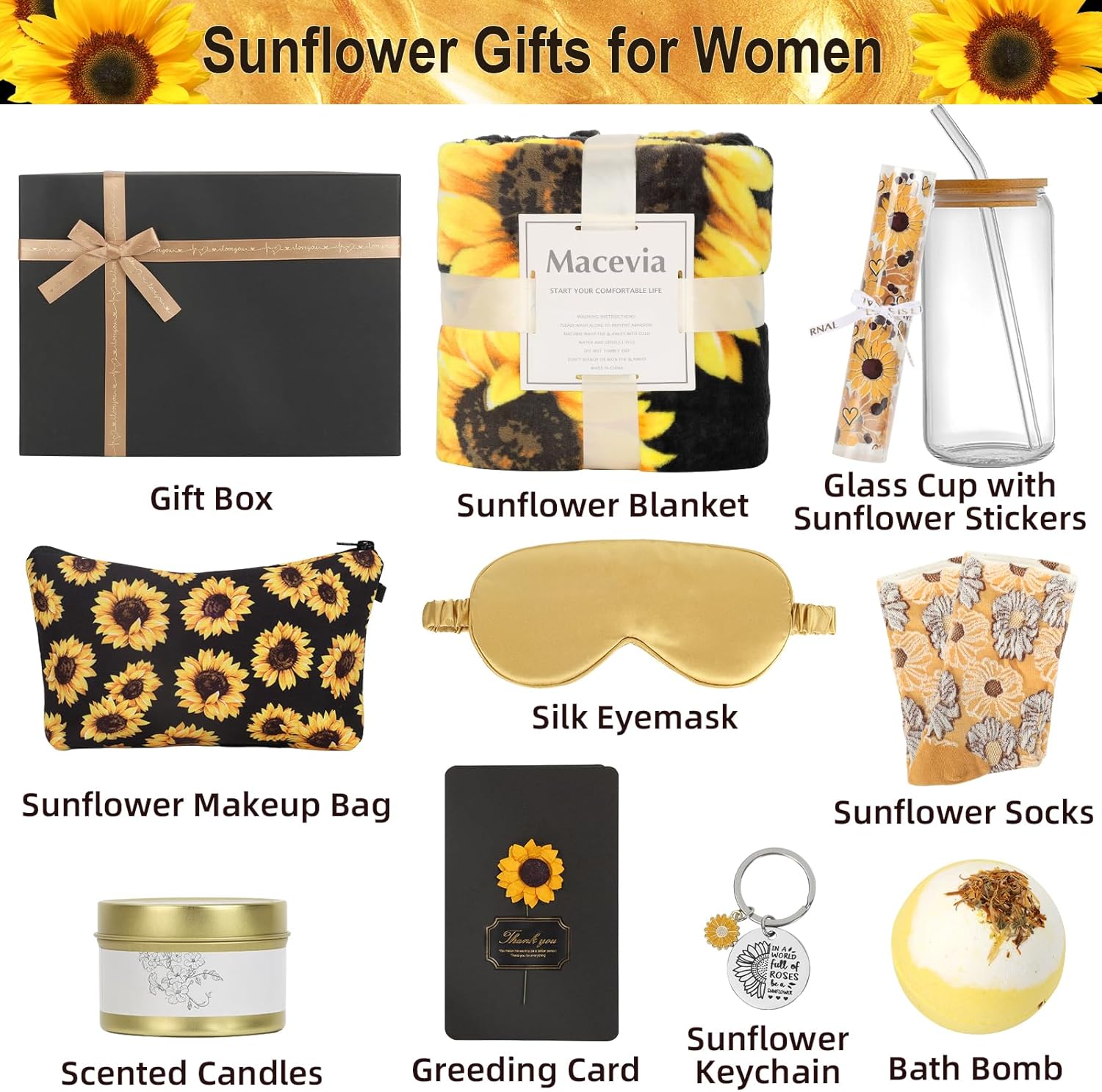 Macevia Sunflower Gifts for Women, Unique Inspirational Spa Get Well Soon Christmas Gift Box Thinking of You Basket Birthday Gift Set For Mom, Best Friends, Sister, Girlfriend, Wife, Teacher