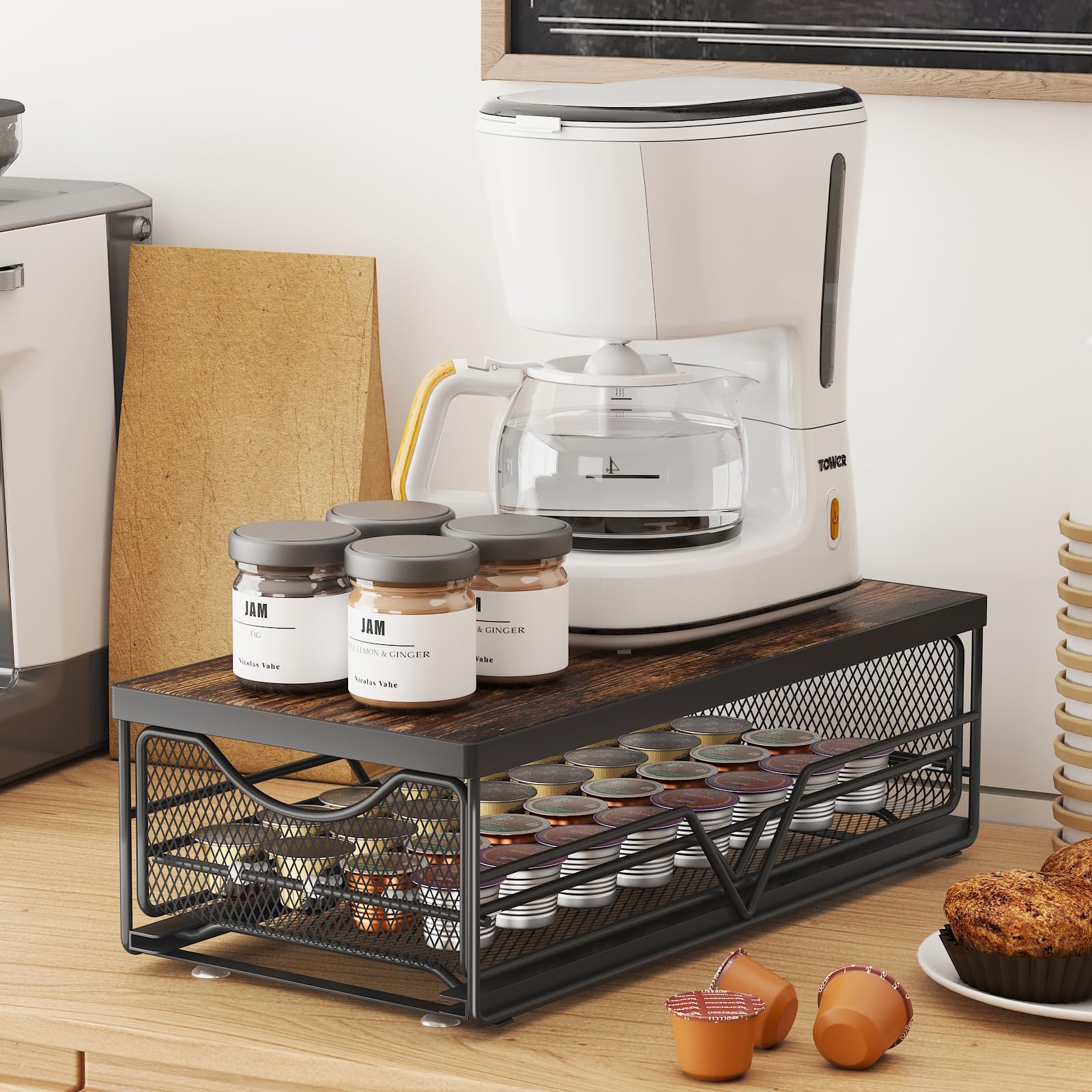 Mustorn Coffee Pod Holder Adjustable Spacing, Coffee Pod Storage Stainless Steel Capsule Holders Coffee Machine Stand with Drawer Pod Drawer Coffer Machines Stand Coffee Pods Station(Wood)
