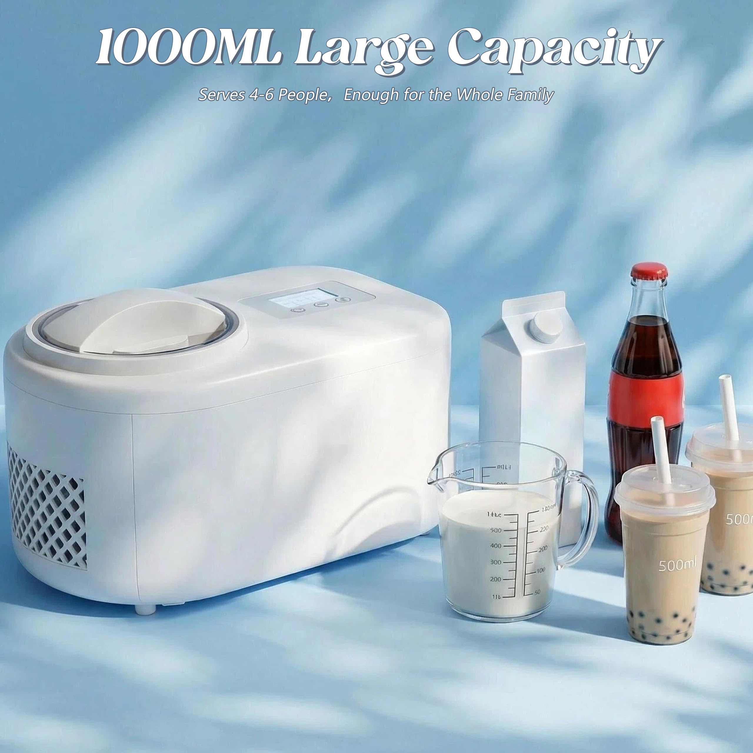 Eismaschine, Eiscremebereiter mit Kompressor 100 W, 1 L Kleine Speiseeismaschine, entnehmbarem Eisbehälter, Eiscreme-Maschine für Eis Frozen Joghurt, Sorbet & Eiscreme, Automatischer Betrieb