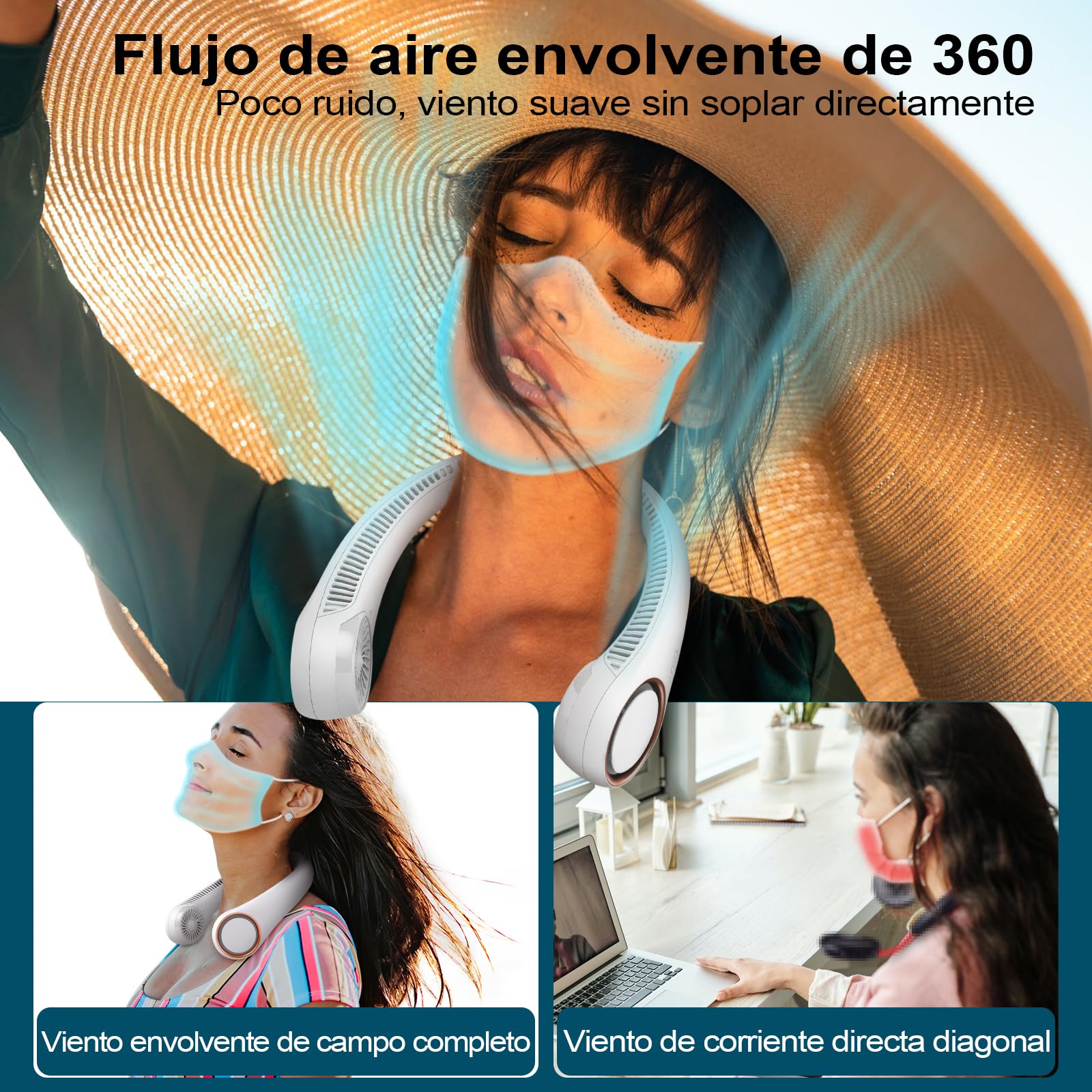 CIVPOWER Ventilador de cuello: portátil, personal, para el cuello, recargable, sin aspas, manos libres, 3 velocidades, 4000 mAh, funciona con USB, diseño de auriculares para hombres, mujeres