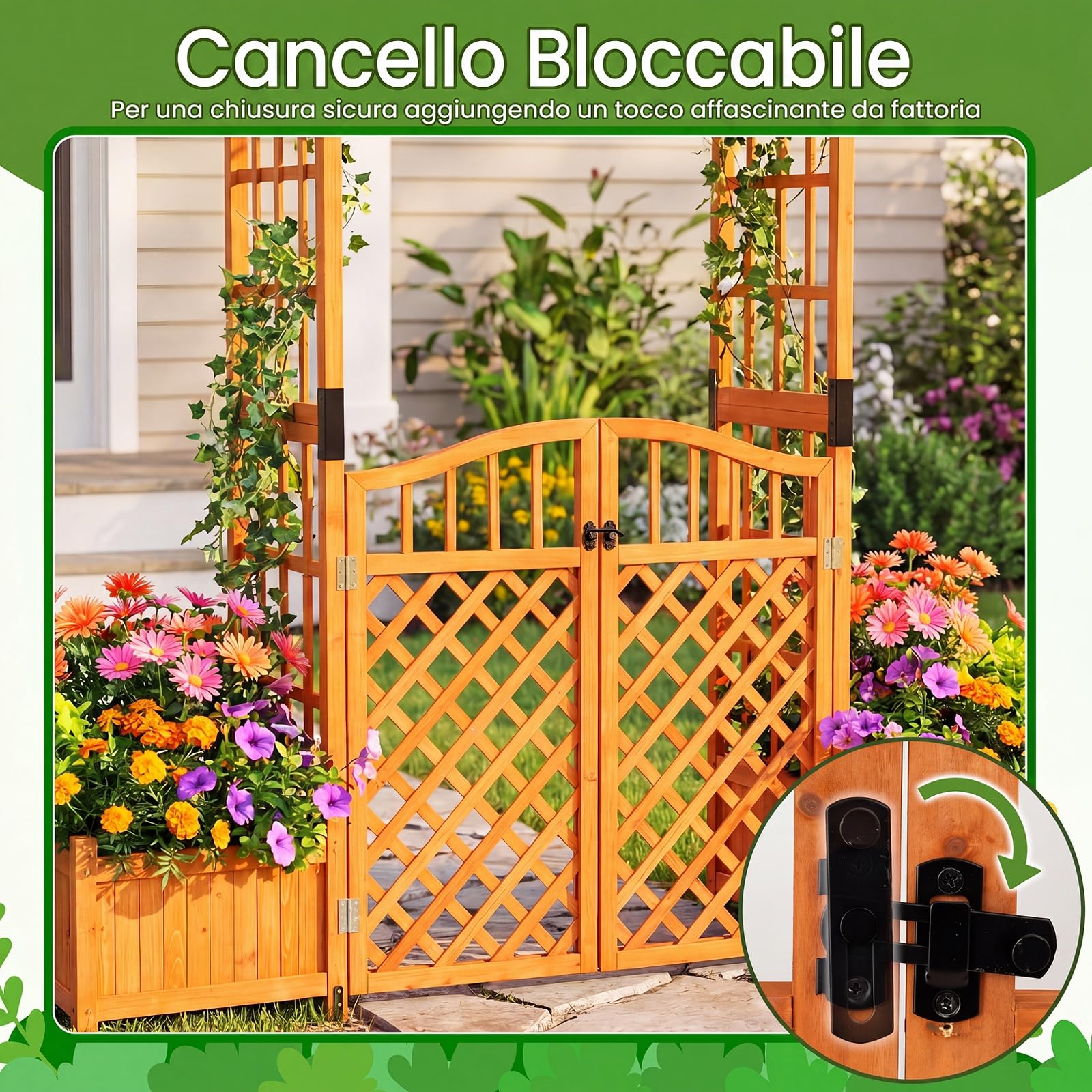 COSTWAY Arco da Giardino con Fioriere, Letto da Giardino Rialzato con Traliccio, Tetto, Fori di Drenaggio, Fondo Rimovibile e Cancelli Chiudibili, Pergolato da Esterno in Legno per Feste e Matrinomio