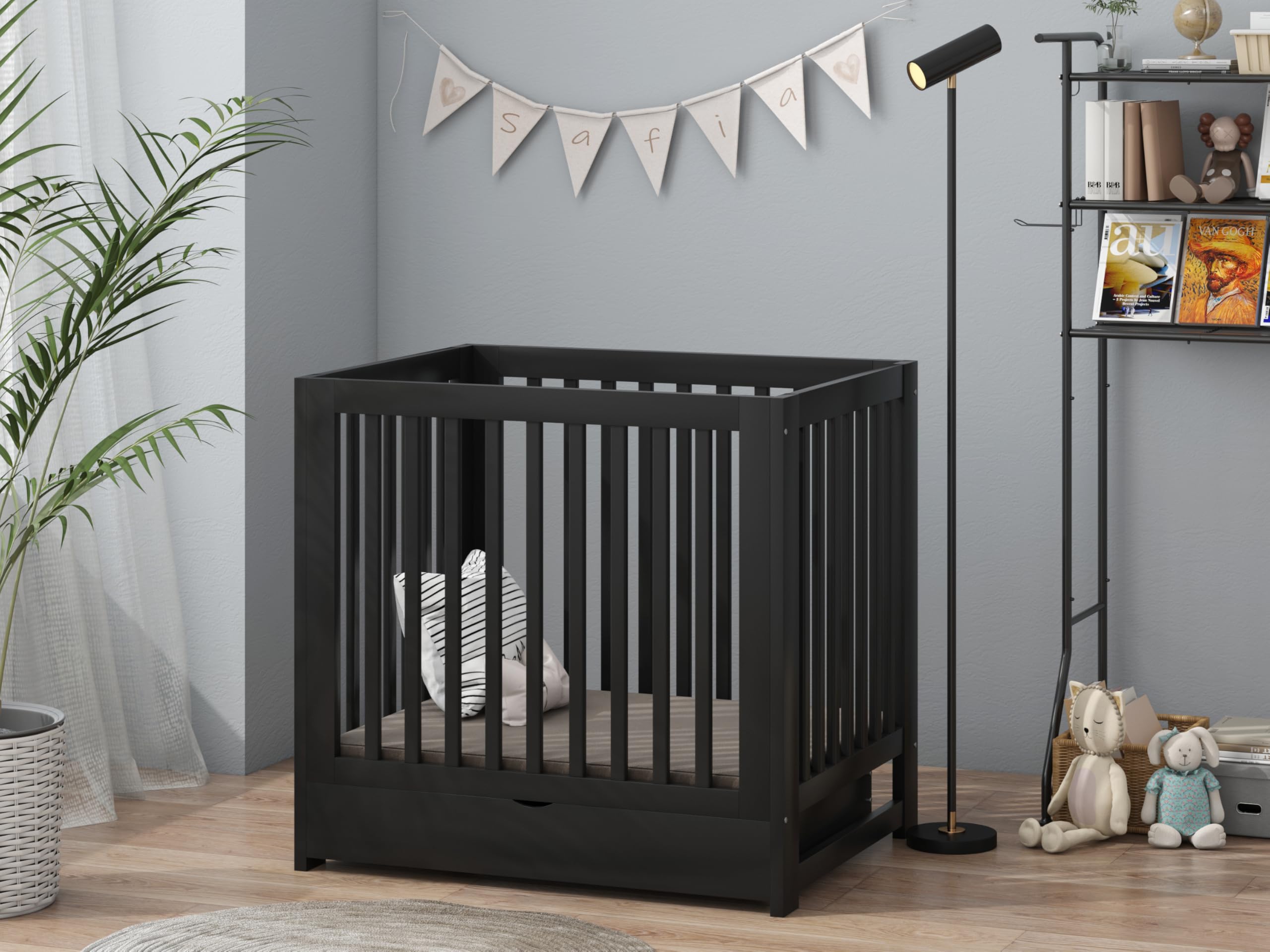 Laufgitter Quin mit Schublade, Schwarz, Holz, 100 x 100 x 80 cm, von 0 bis 36 Monaten
