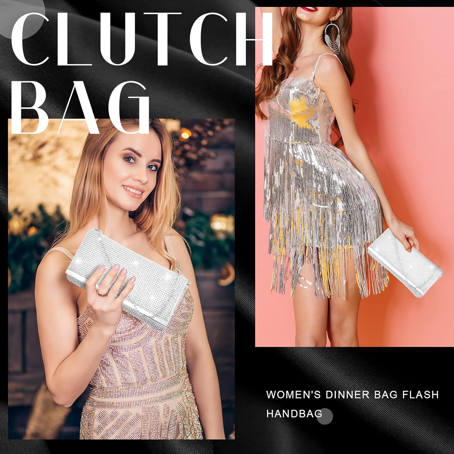 Tessco Women's Evening Bag Glitter Clutch Purses for Women Evening Wedding Engagement Pearls and Prosecco Party Prom Purse Rhinestone with Detachable Chain(Silver) - Image 6