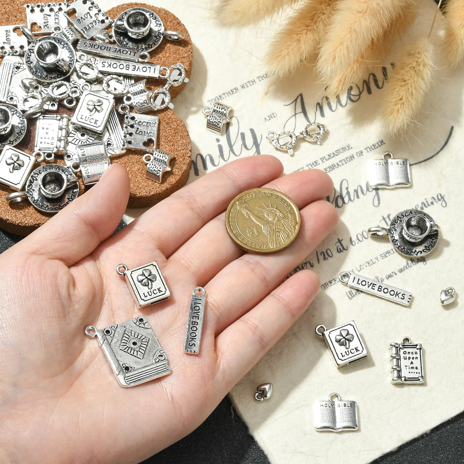 UR URLIFEHALL 50 Pcs 10 Styles Tibetan Style Librarian Charms Antique Silver Coffee Cup Glasses Book Charms for Jewellery Crafting Making - Image 3