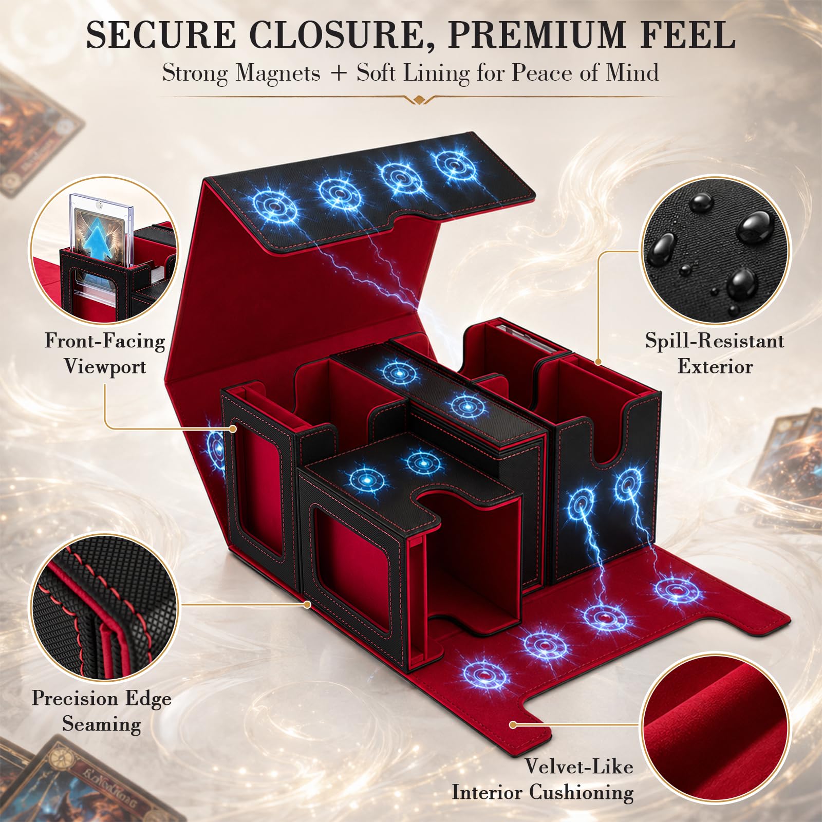Boîte de Rangement pour MTG, Commander Deck Box avec Würfelablage | Trading Card Aufbewahrungsbox Magnétique pour Commander avec Fenêtre et Séparateurs, Capacité 400+ Cartes Doppelt Gesleevte