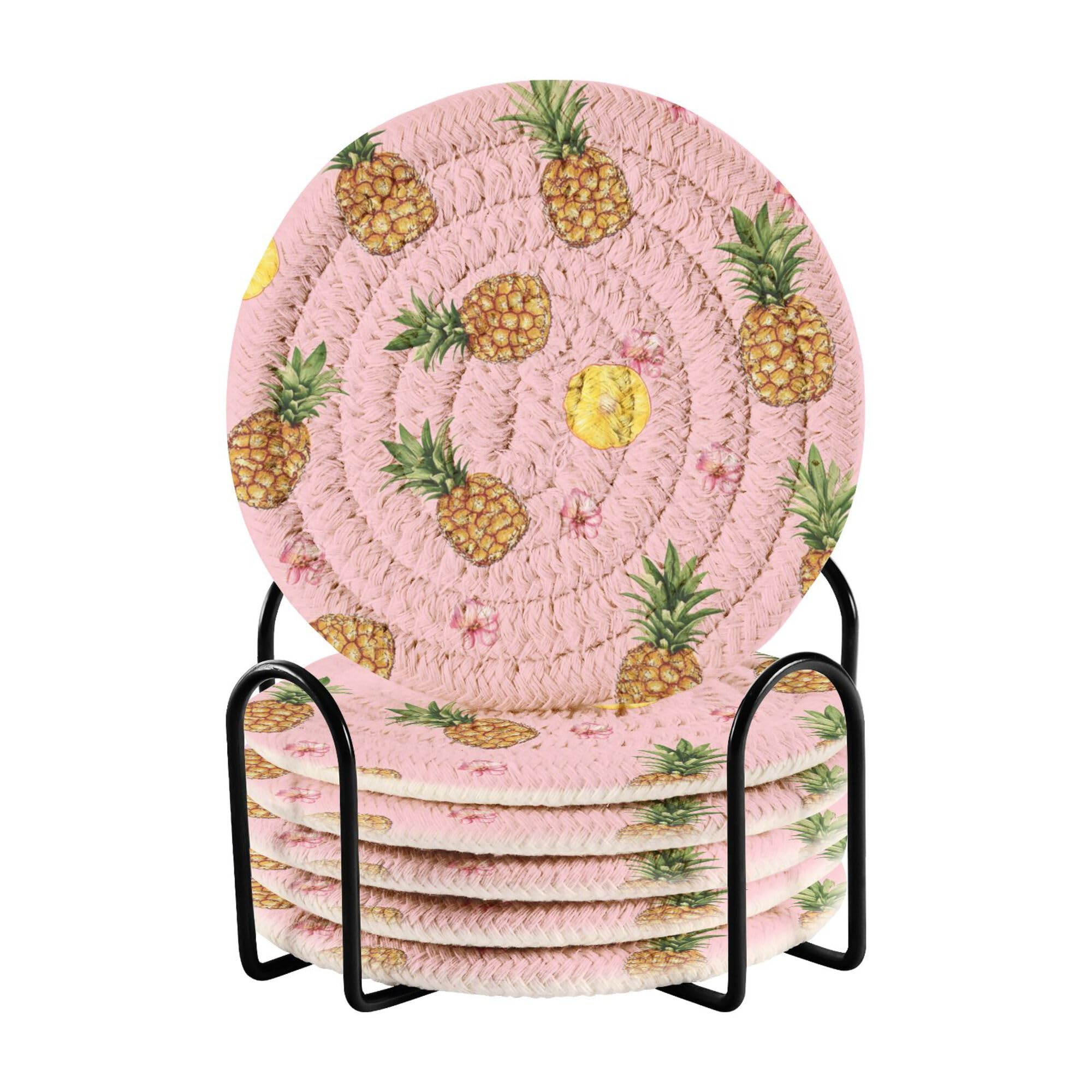 Funny Pines Fruit Peach Cotton Rope Coasters Set of 6 with Holder Coffee