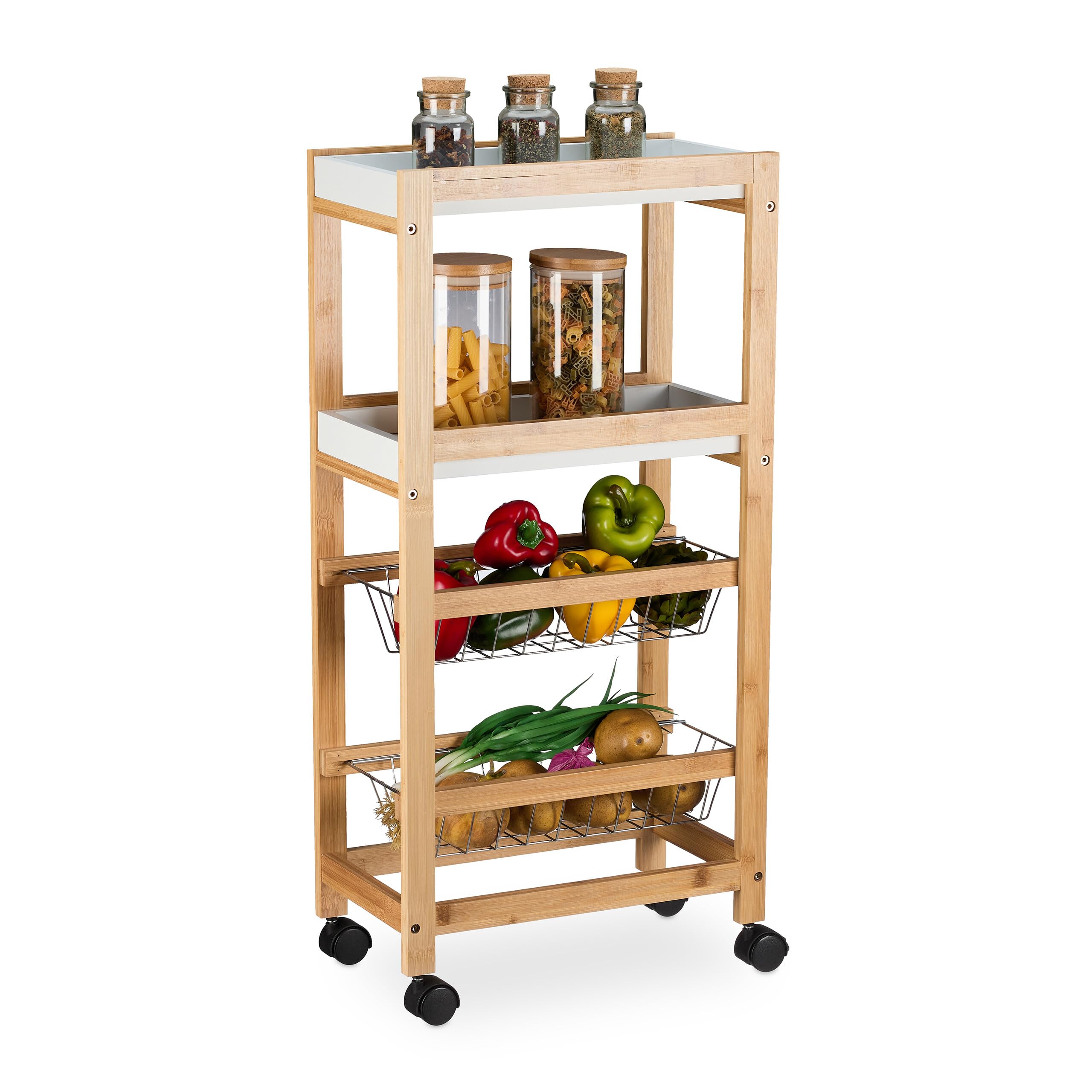 Relaxdays Carrello Salvaspazio da Cucina, Carrellino su Ruote con 4 Ripiani, HLP: 83 x 22 x 40 cm, Marrone Chiaro Bianco