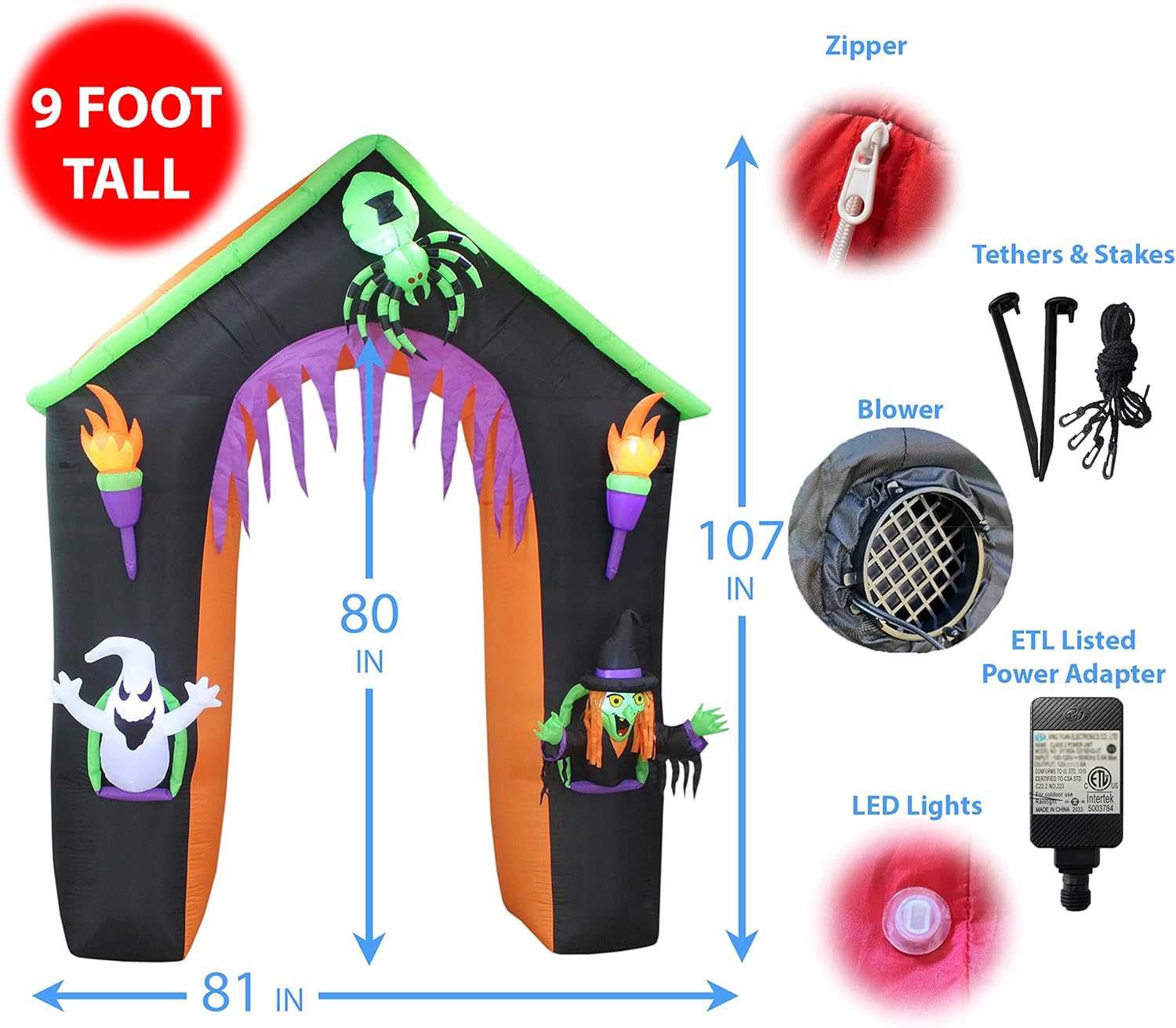 9 FT Tall LED Lighted Halloween Inflatable Castle Haunted House Archway with Ghost Witch Spider Lights Blowup Party Decoration for Outdoor Indoor Home Garden Yard Prop