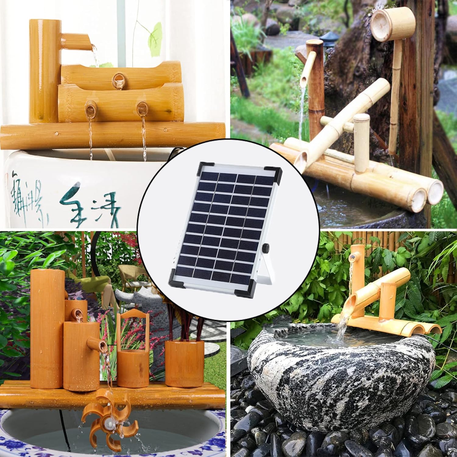 Bamboo Fountain Kit, Solar Bamboo Water Fountain Japanese Garden Decor with Pump and Filter Bucket, Bird Bath Bamboo Fountain Zen Garden Waterfall Outdoor Zen Pond Spout,Solarpanels (Solarpanels)