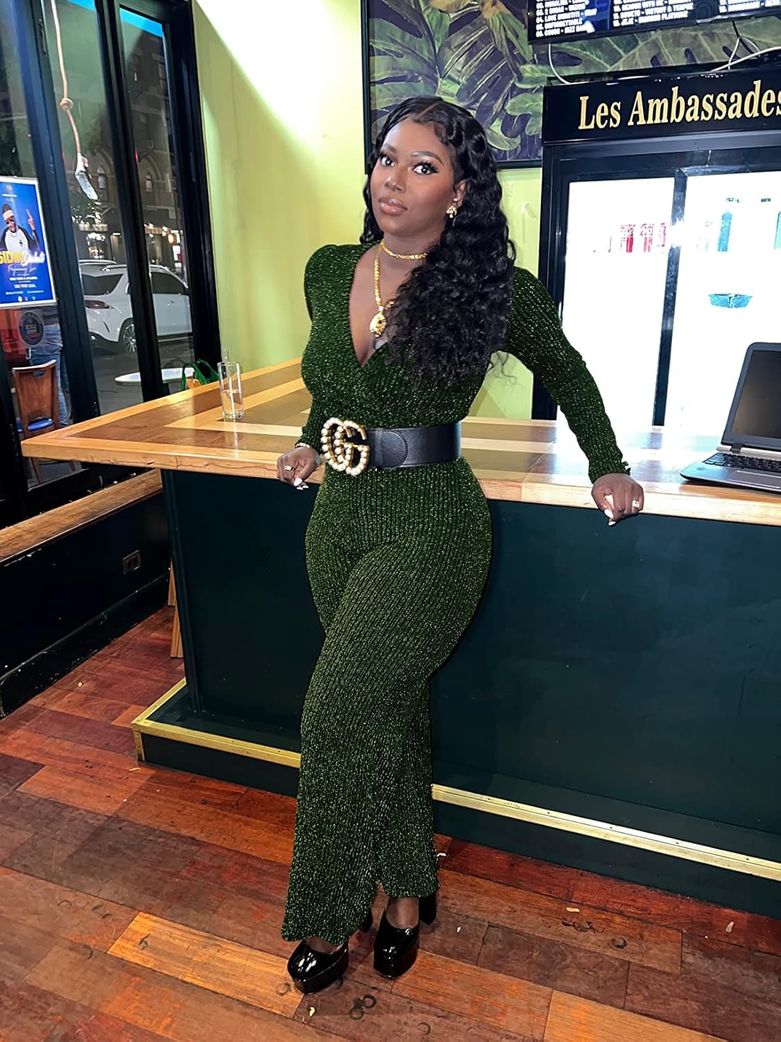 LightlyKiss Women's casual sexy V-neck sparkling jumpsuit long sleeve loose jumpsuits Fashion Club party Rompers with belt - Image 3