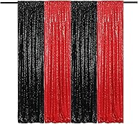Vista 53 de Cortinas de fondo de lentejuelas negras con purpurina de 2 x 8 pies, 4 paneles para decoración de bodas, fiestas de cumpleaños, despedidas de Negro