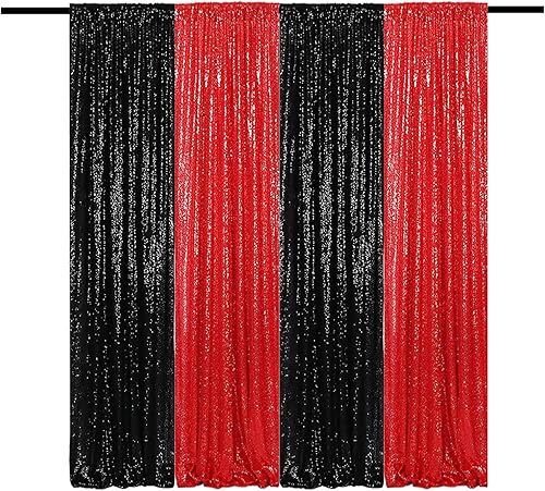 Miniatura 53 de Cortinas de fondo de lentejuelas negras con purpurina de 2 x 8 pies, 4 paneles para decoración de bodas, fiestas de cumpleaños, despedidas de Negro