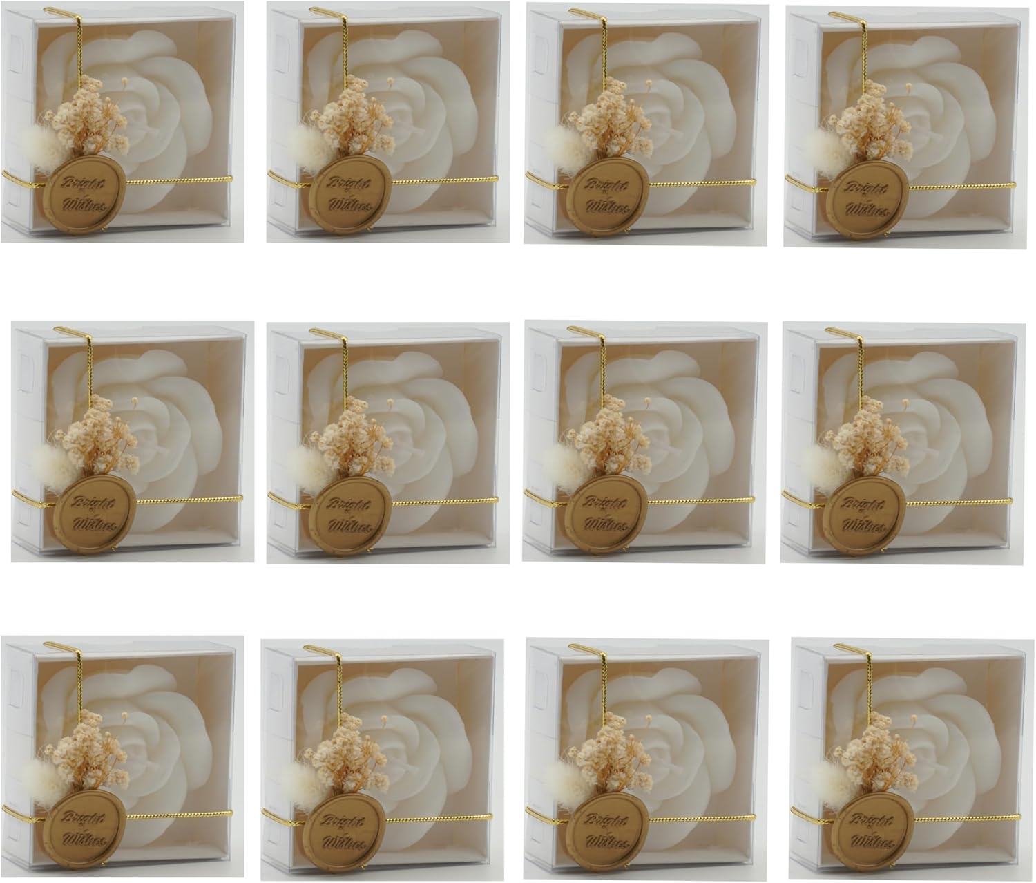 White Rose Shaped Scented Soy Wax Candle Favors (12 Pieces) with Seal Wax and Dried Flowers – Vanilla Scented, Wax Stamp for Bridal and Baby Showers, Birthday Parties, Wedding Decorations