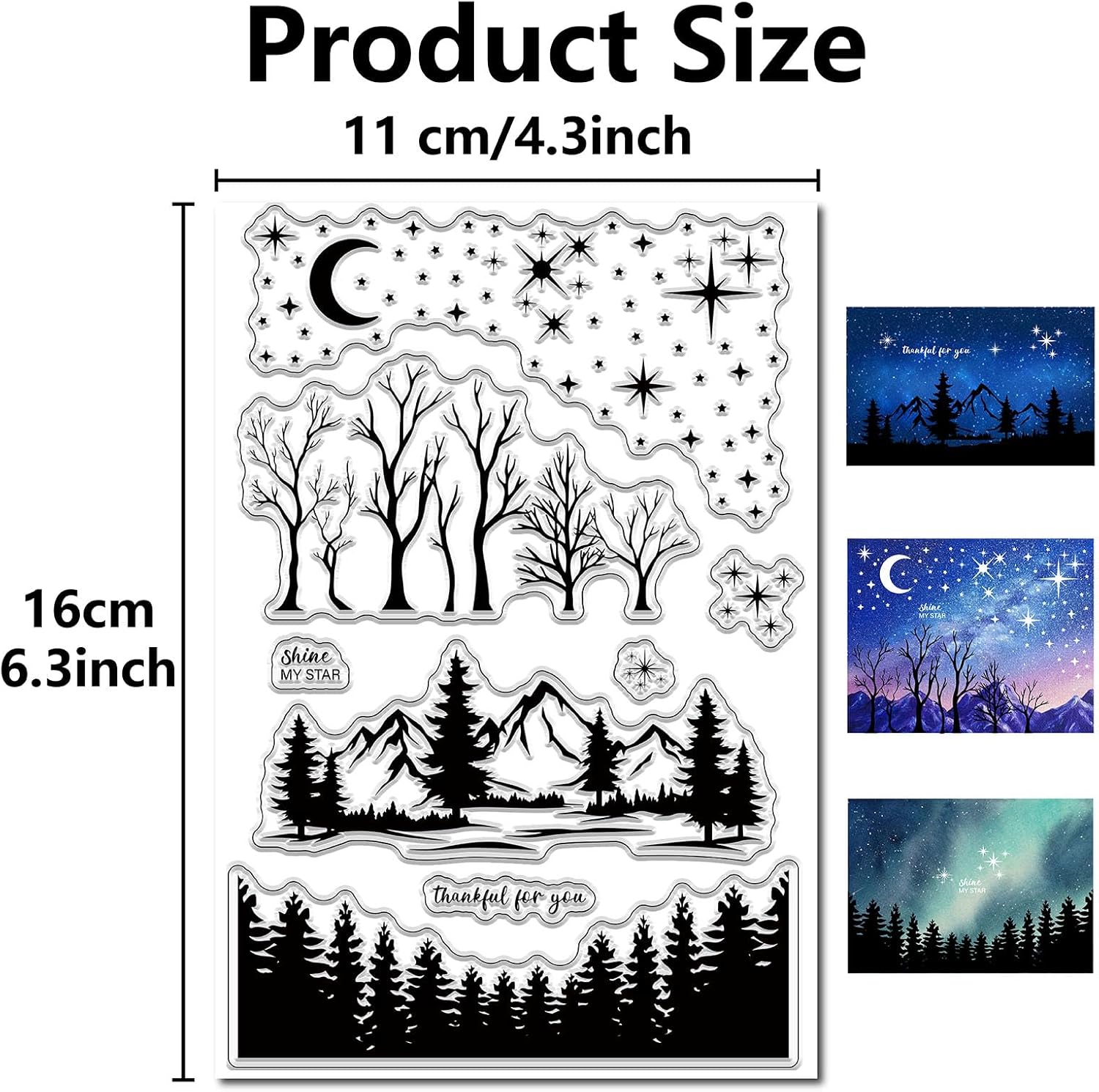 CRASPIRE Pine Tree Forest Mountain Scenery Clear Rubber Stamp Star Moon Vintage Christmas Transparent Silicone Seals Stamp Retro for Journaling Card Making DIY Scrapbooking Handmade Album Notebook