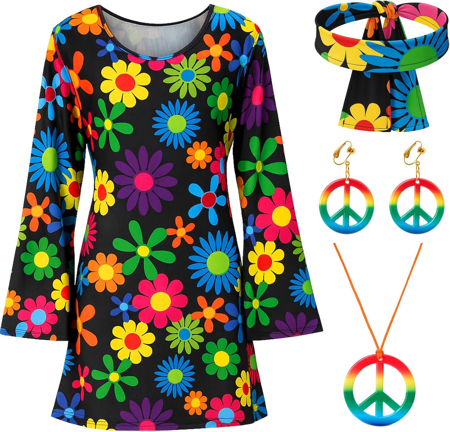 SATINIOR 4 Pcs 70s 80s Women Hippie Costume Set Disco Outfit Headband Peace Sign Earring Necklace 70s Outfits for Women