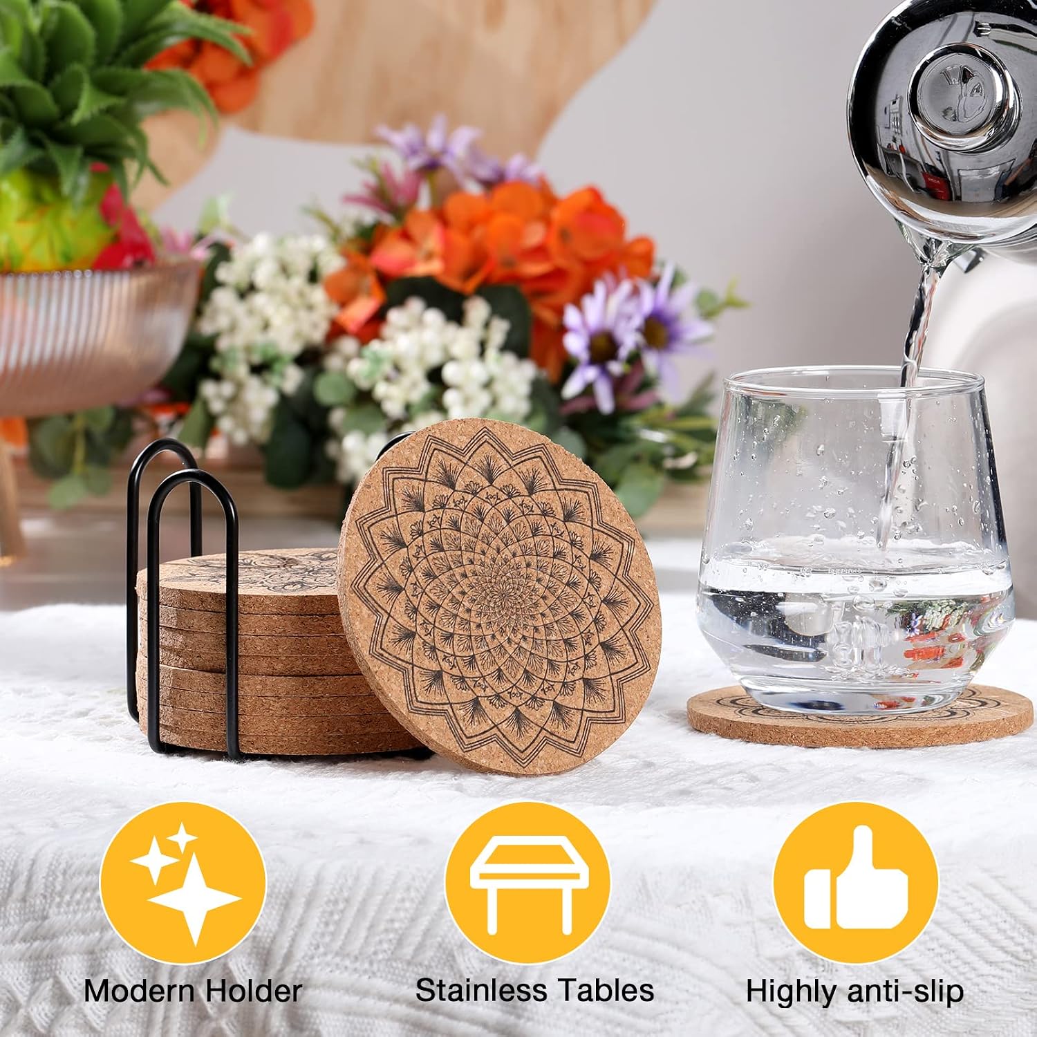 Tuanse 30 Pcs Cork Coasters for Drinks Mandala Coasters Heat Resistant Funny House Warming Gifts with 2 Holder for Apartment Decor