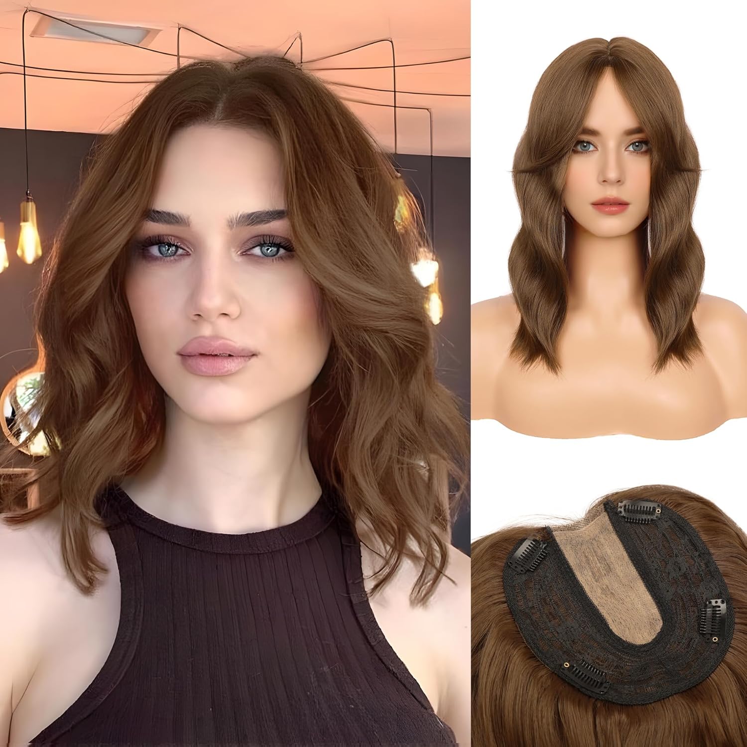 MOCA HAIR Women's Wavy Chestnut Brown Synthetic Hair Topper, 14 Inch, 6*6 Inch Base, 4 Clips