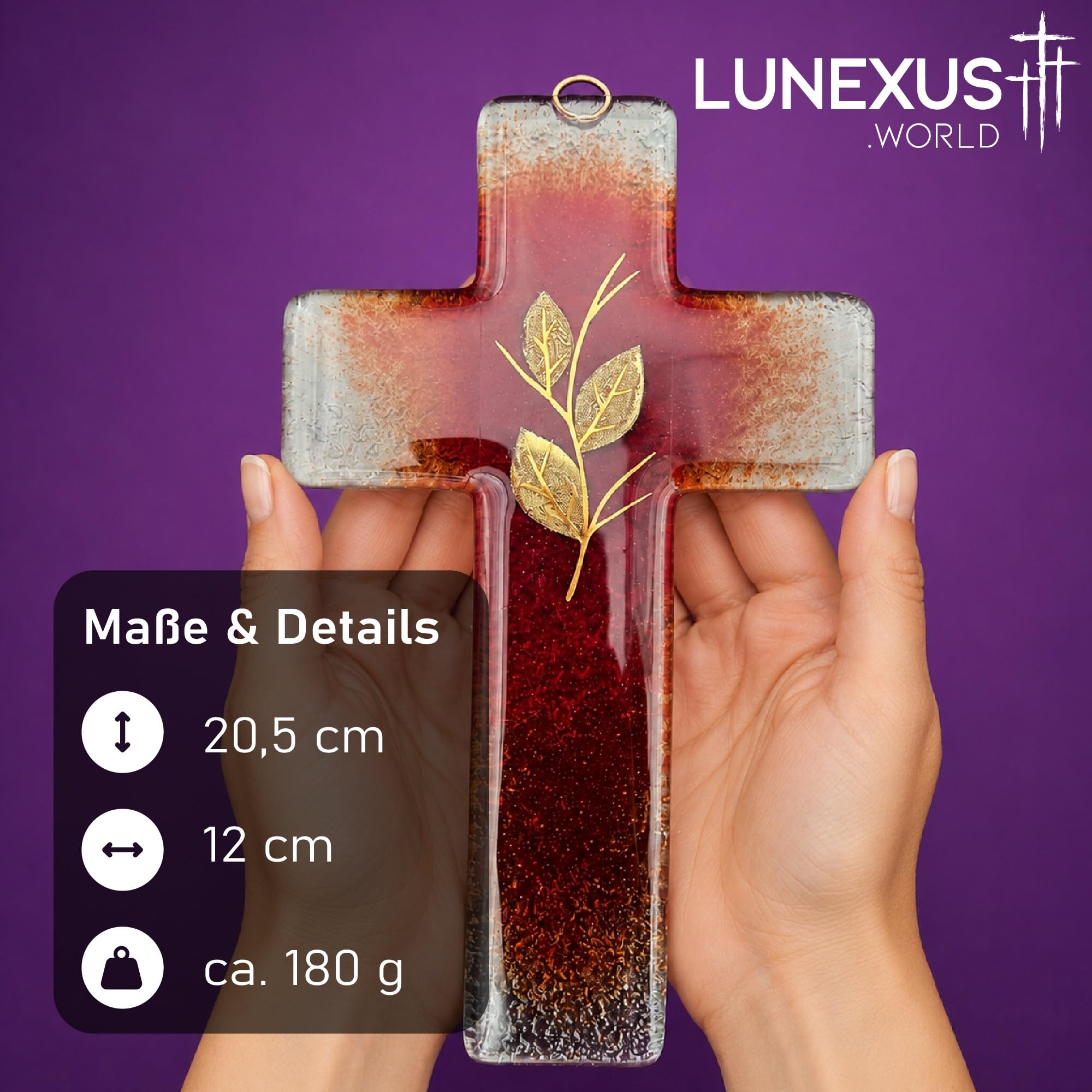 Lunexus Szklany krzyż 20 cm, ręcznie wykonany, krzyż ścienny, szkło czerwone złoto, prezent na chrzest, krzyż, chrzest, dla dziewcząt, chłopców, prezent na komunię, prezent firmowy, prezent religijny