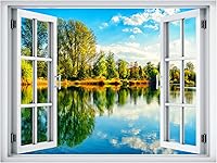 Vista 2 de wall26 Adhesivo de pared extraíble/mural de pared, vista de ventana, rústico, cielo nublado, árbol, lago, reflejo de naturaleza, desierto