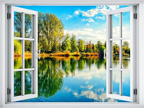 Miniatura 2 de wall26 Adhesivo de pared extraíblemural de pared, vista de ventana, rústico, cielo nublado, árbol, lago, reflejo de naturaleza, desierto,