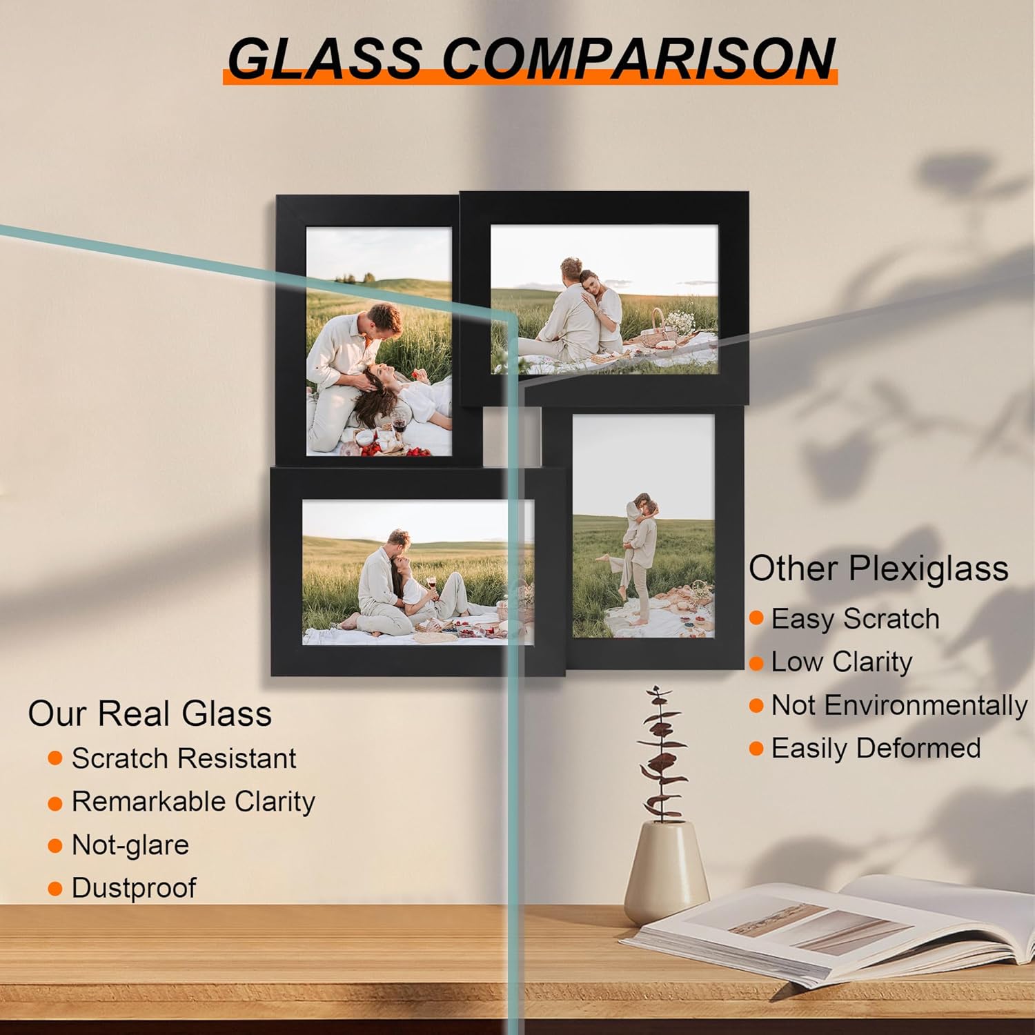 YESKAY 4x6 Collage Picture Frames Set of 1, Multi Family Photo Frame with Real Glass, Displays Four 4x6 Photo, Wall Decor Wall Hanging or Tabletop, Black