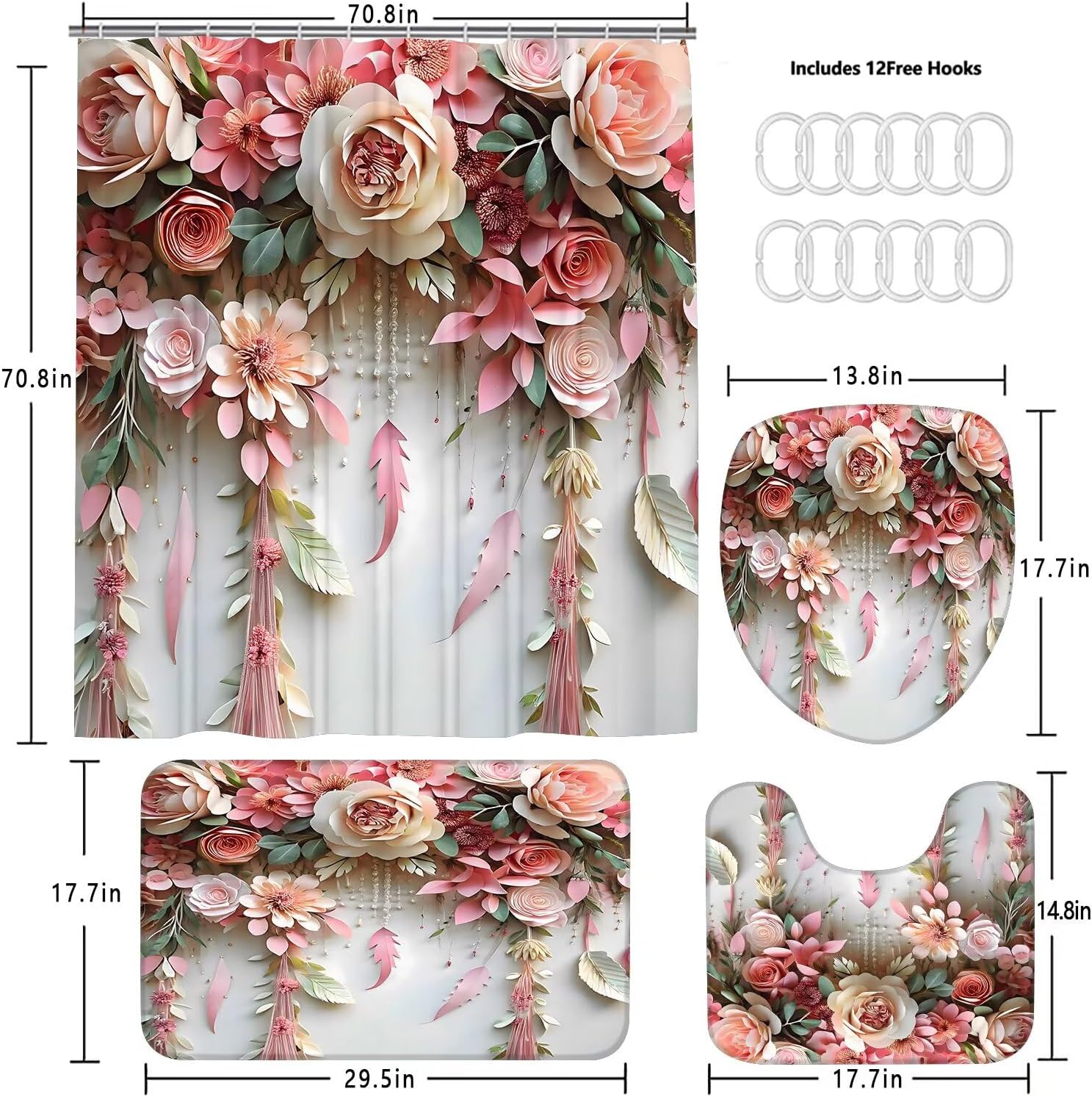 DDQQ Pink Flower Bathroom Shower Curtain Set, Rose Shower Curtain and Rugs