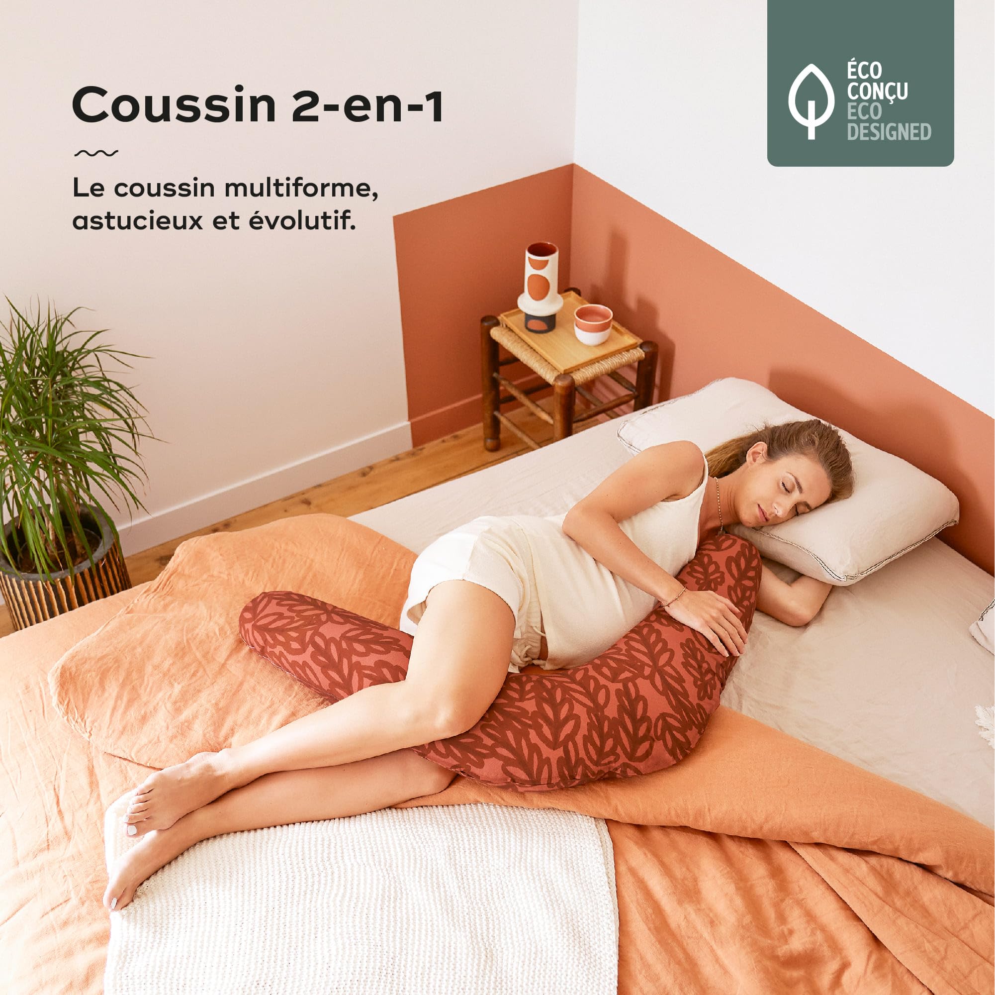 Babymoov Coussin de Grossesse et d'allaitement B.Love 2en1 Terracotta - Breveté : 1 Coussin / 2 Tailles - Microbilles Toxproof - Certifié OekoTex & GOTS - Made in Europe
