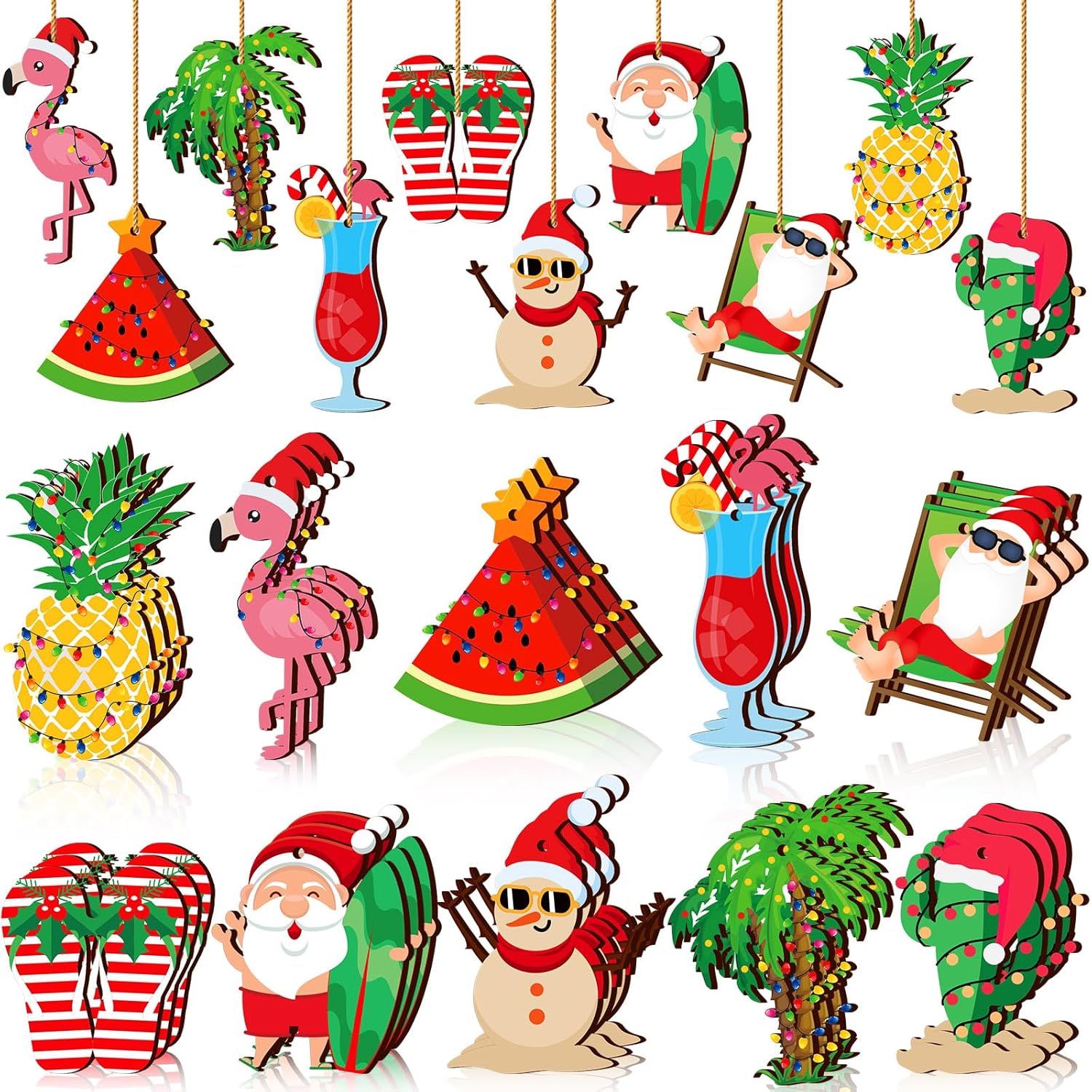 Chunful 30 Pcs Christmas in July Ornaments Summer Wooden Hanging Ornaments Summer Tree Decoration Beach Santa Tropical Decoration with String for Luau Party Supplies Hawaiian Party Favors