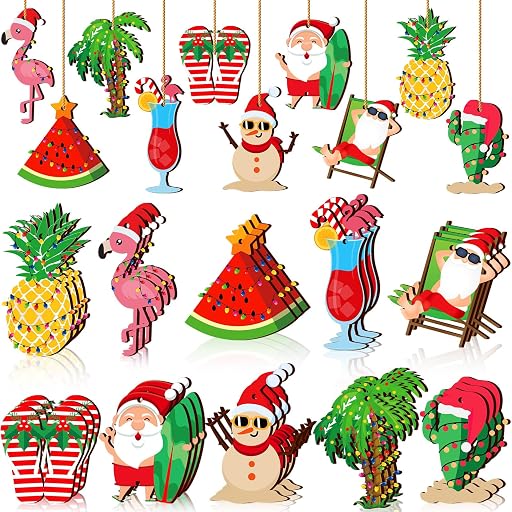 Chunful 30 Pcs Christmas in July Ornaments Summer Wooden Hanging Ornaments Summer Tree Decoration Beach Santa Tropical Decoration with String for Luau Party Supplies Hawaiian Party Favors