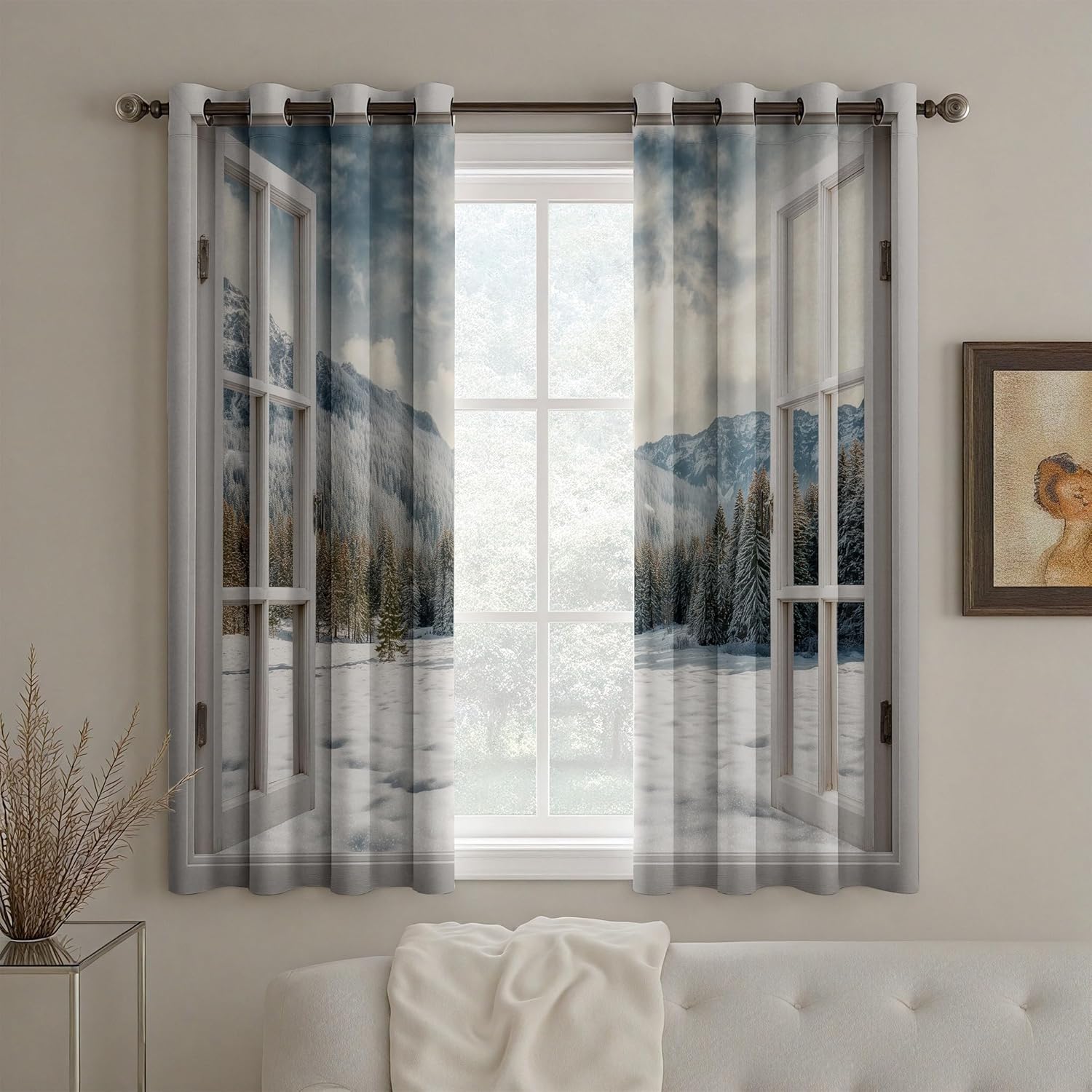 Fake Window Grommet Curtains Thermal Insulated, Winter Nature Landscape Blackout Curtain 42x84 Inch 2 Panels Set, Forest Mountain Scenery Drapes for Bedroom Living Room Office Dorm