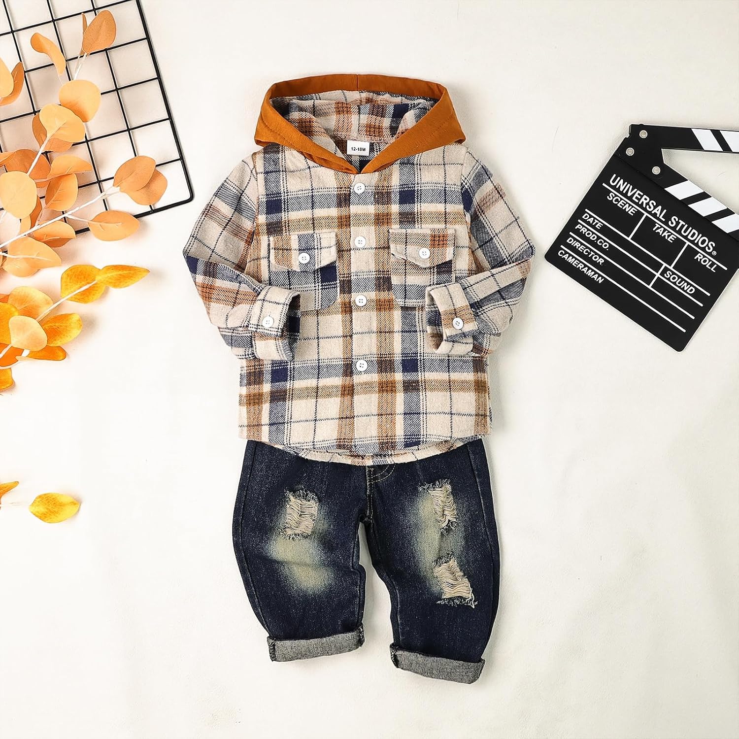 Toddler Baby Boy Fall Winter Clothes Long Sleeve Plaid Hooded Sweatshirt Ripped Holes Jeans Set 1-5 Years Old - Image 9