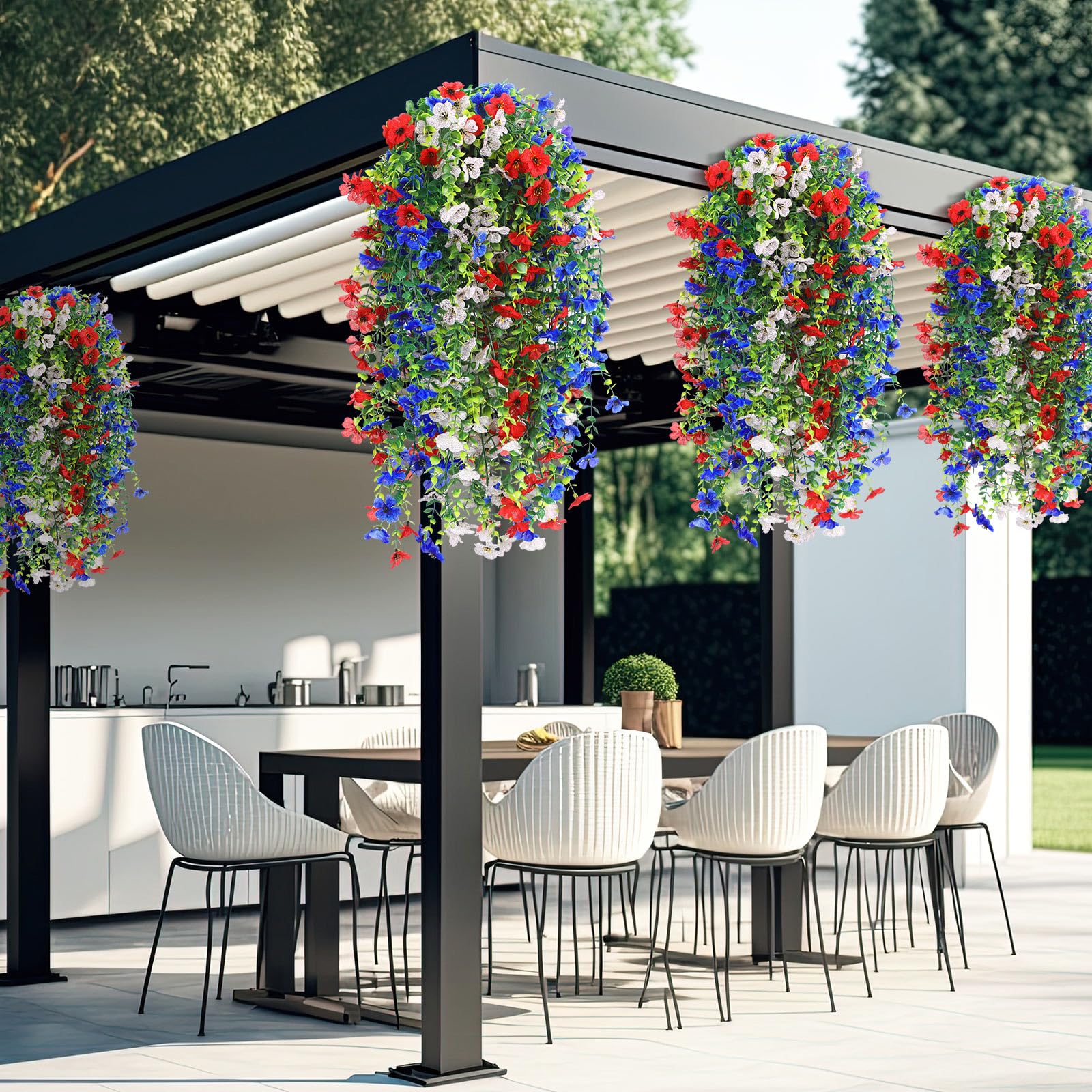 Künstliche Hängeblumen für den Außenbereich, patriotische Seidenmütter, Veilchen mit Eukalyptus, realistisch, UV-beständig, für Veranda, Terrasse, Hof, Innenbereich, Hochzeit, Party